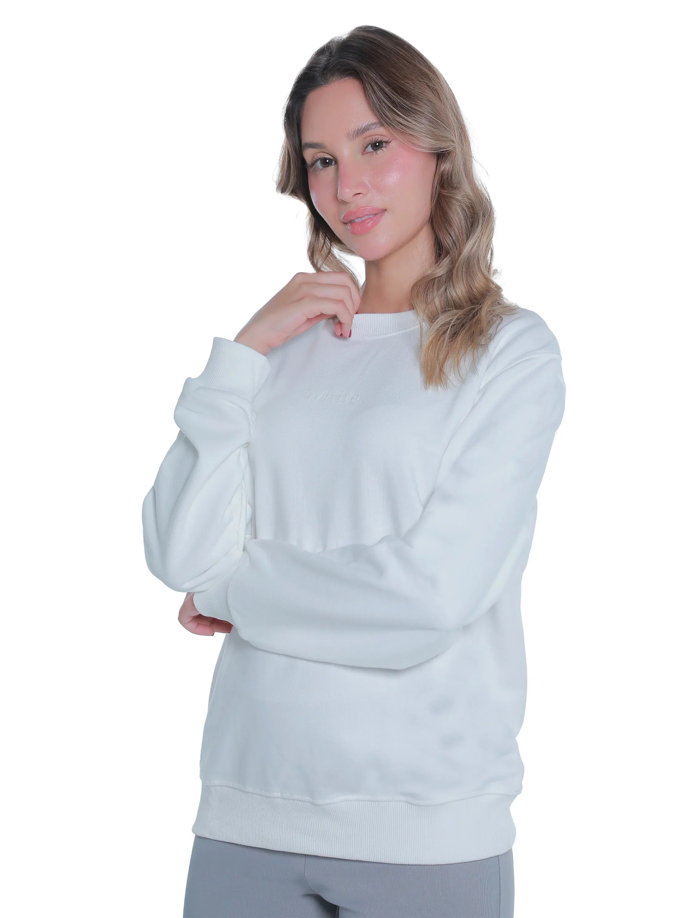 White Cotton Sweater With " White" Front Design