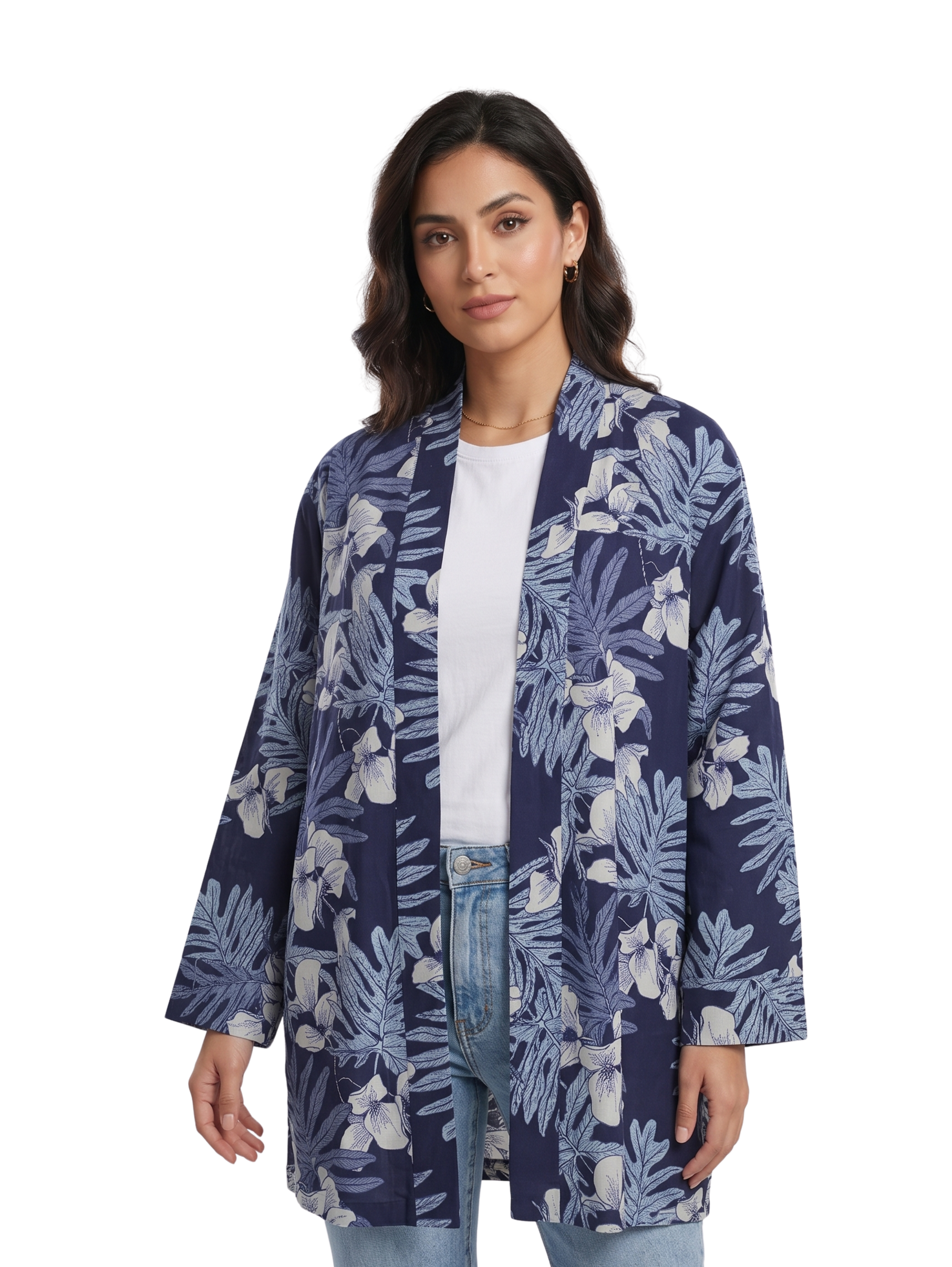 Navy Printed Floral Open Front Cardigan