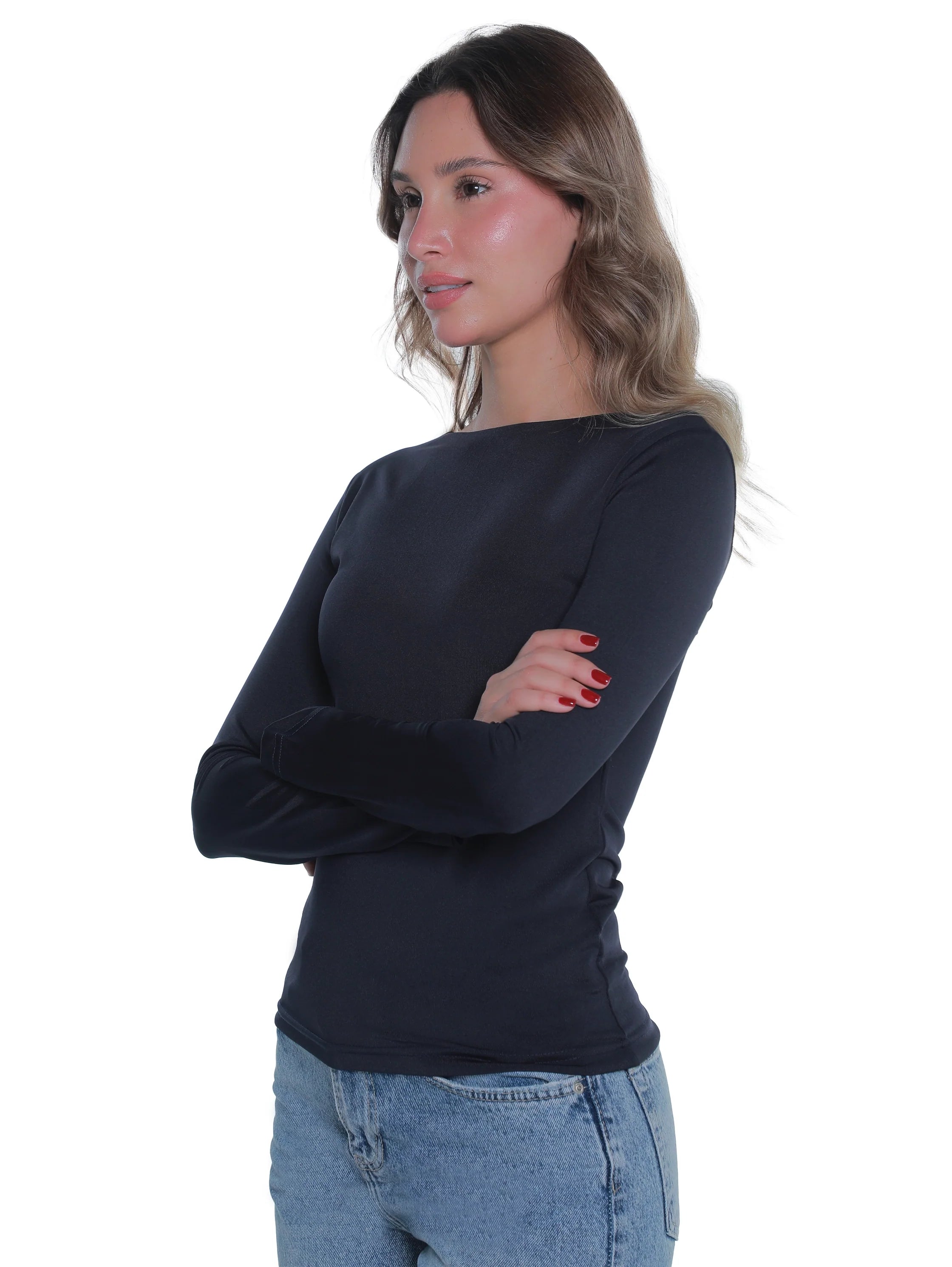 Long Sleeved Navy Basic Top Round Neck