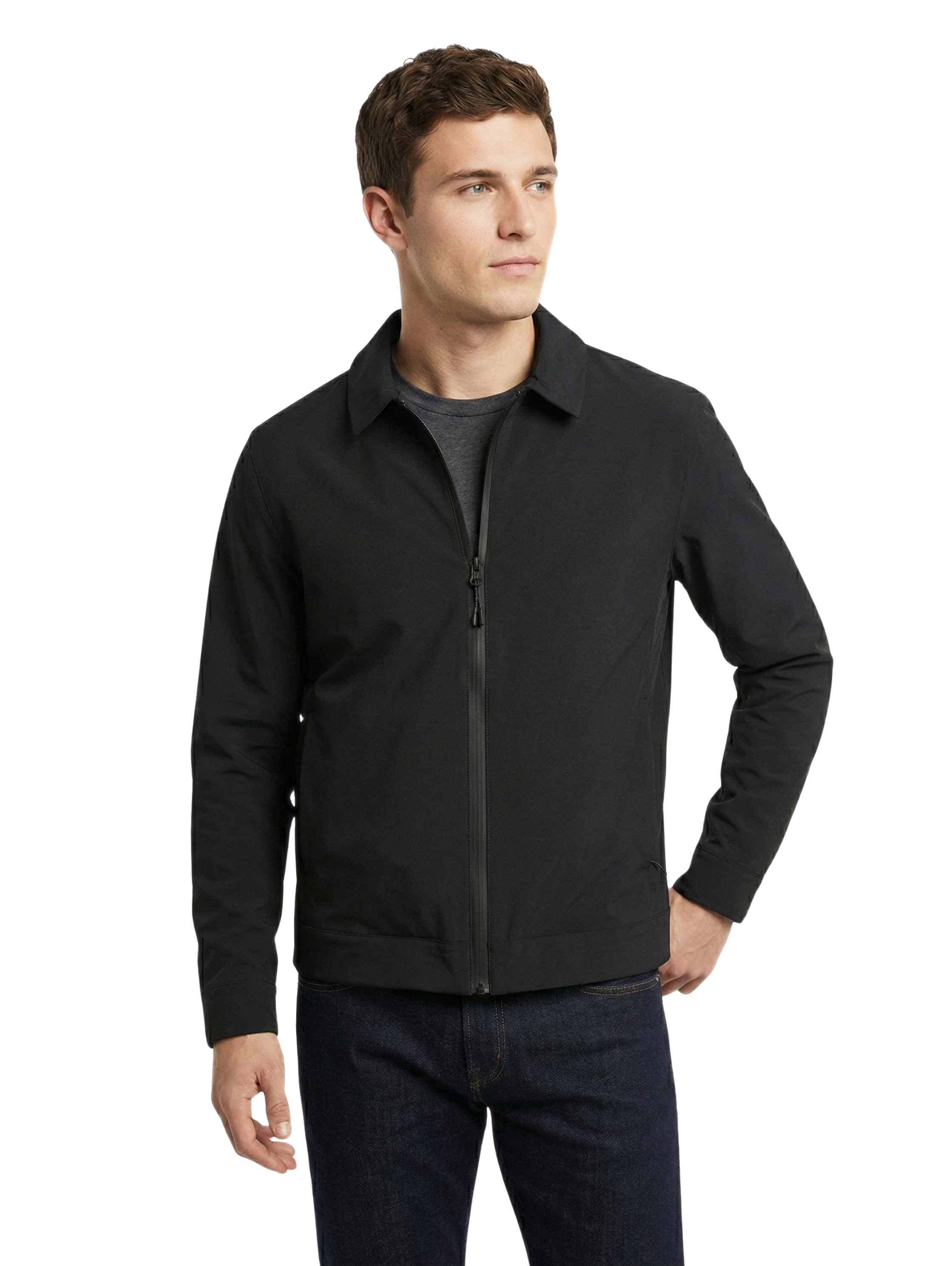 Long Sleeve Black Zippered Jacket With Collar