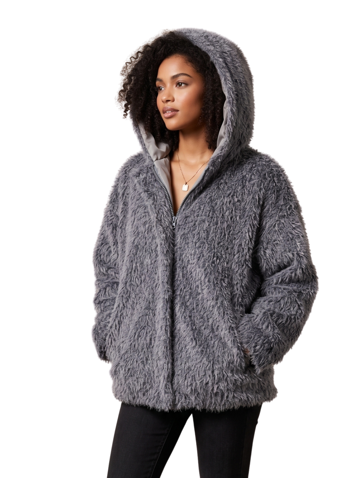 Grey Shaggy Fur Hooded Zip Up Jacket