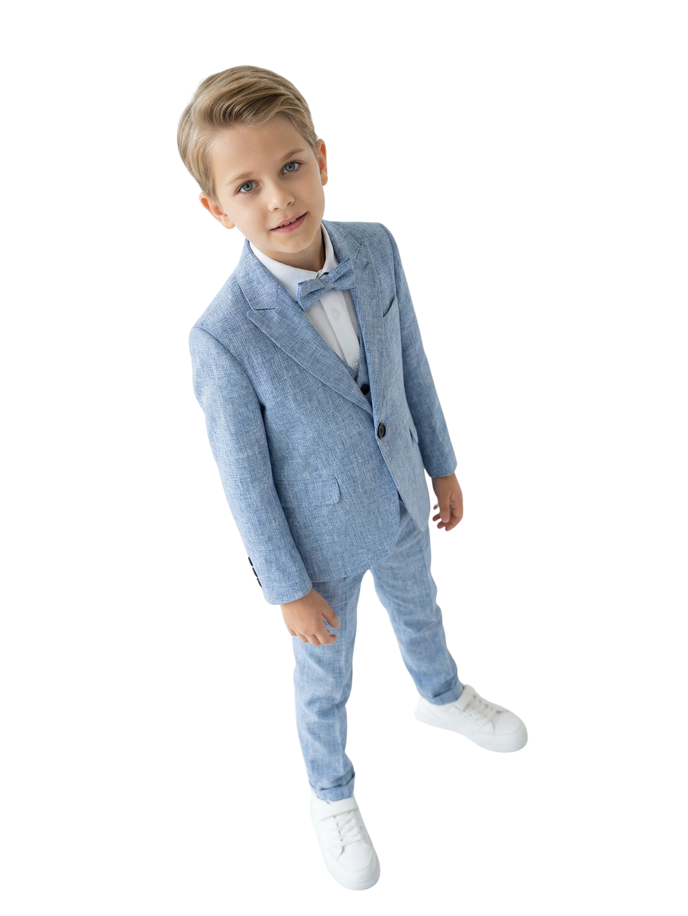 Kids Slim Fit Textured Light Blue Suit With Matching Vest