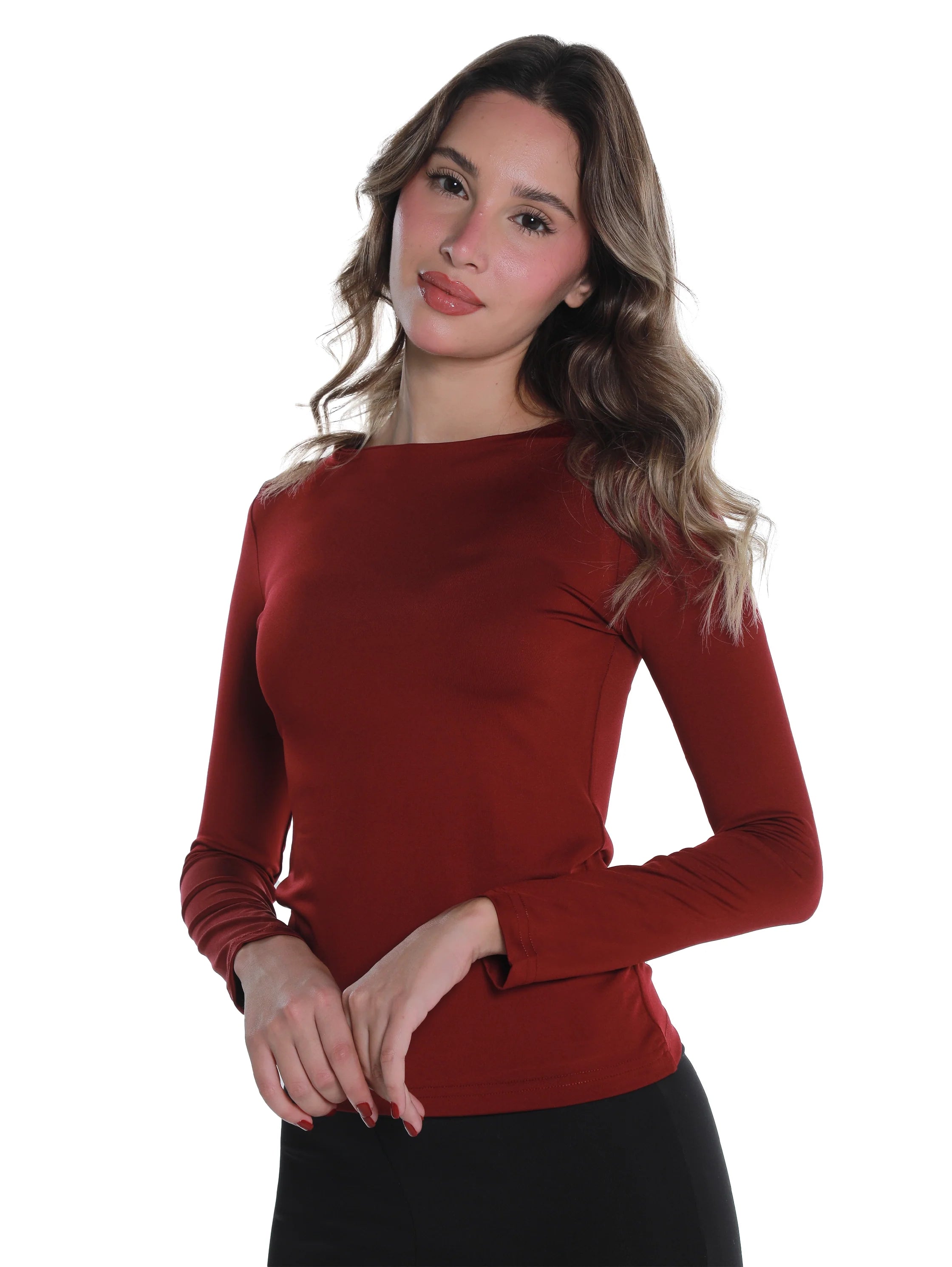 Long Sleeved Wine Basic Top Round Neck