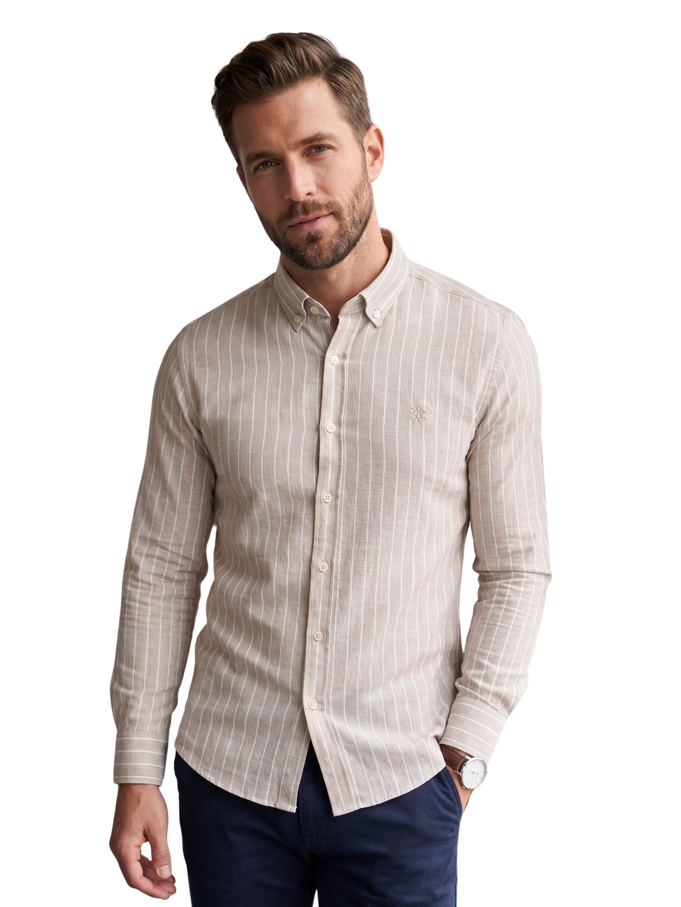 Beige Striped White Long Sleeved Slim Fit Shirt