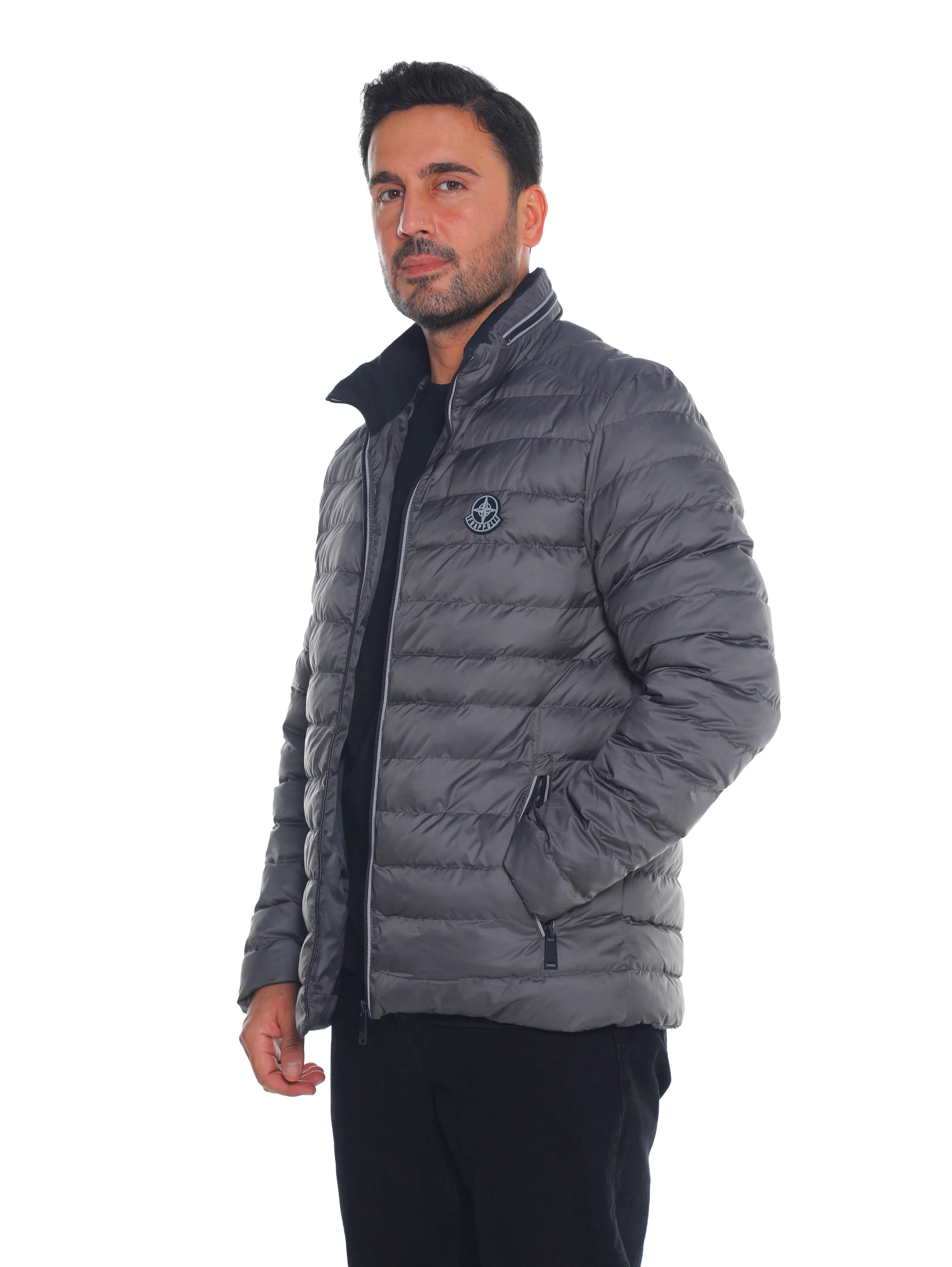 Grey Puffer Jacket with Zippered Closable Side Pockets