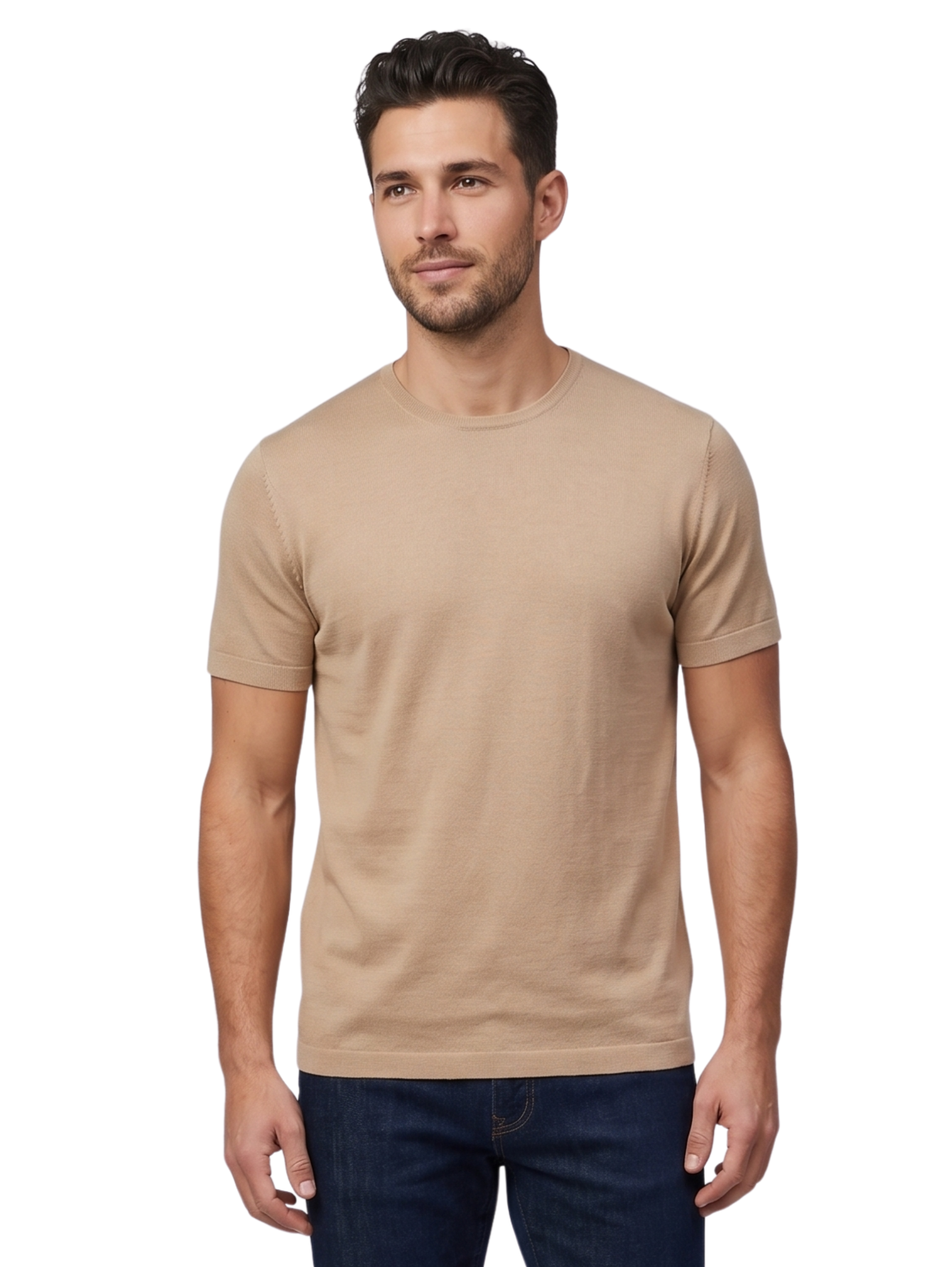 Beige Short Sleeved Round Neck Plain T-Shirt