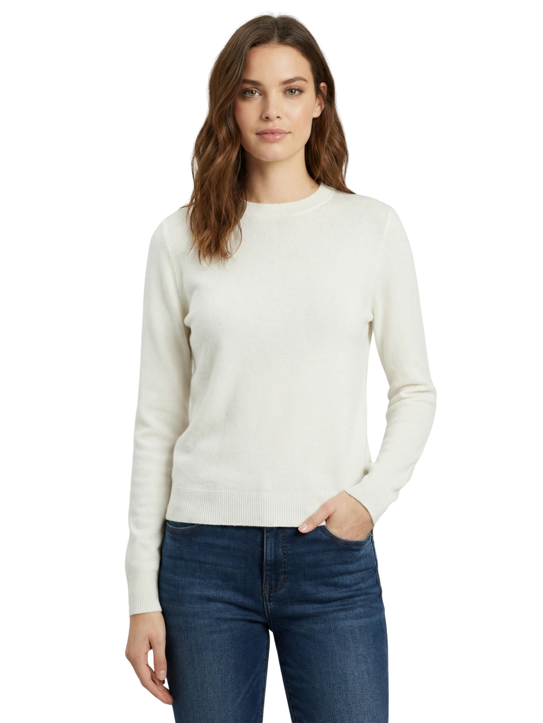 White Round Neck Ribbed Long Sleeve Sweater