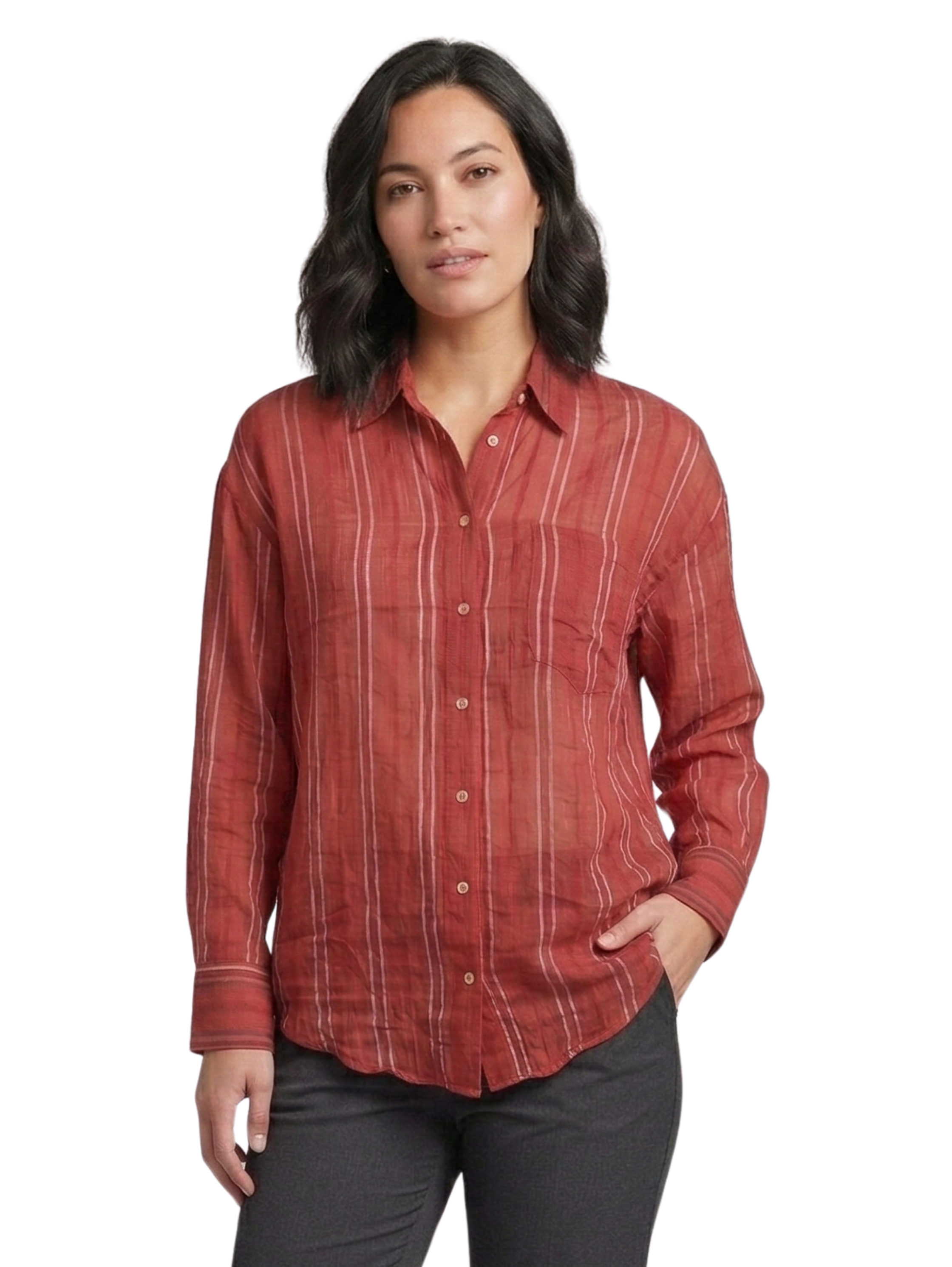 Long-Sleeved Bordo Shirt With Striped Design