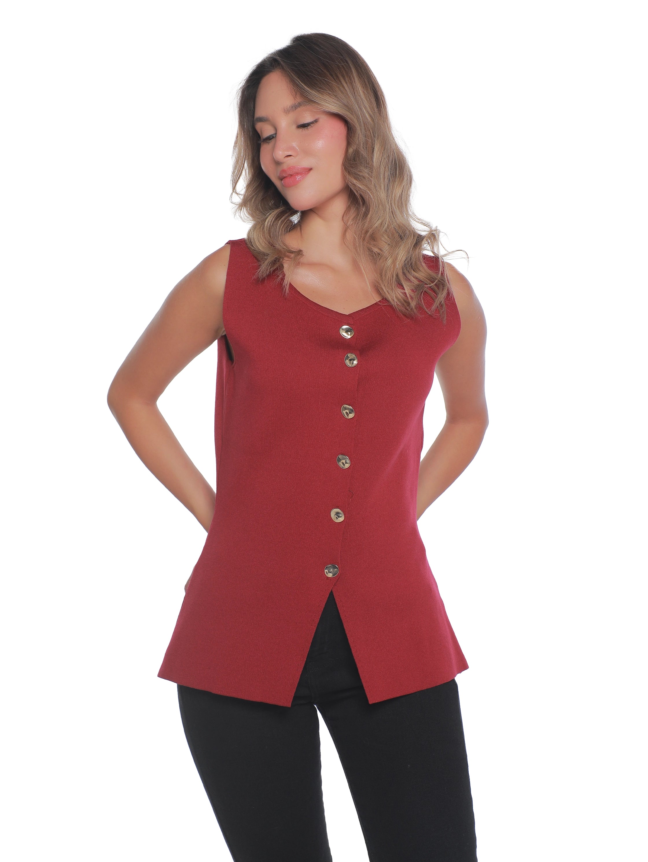 Classy Bordo Vest With Gold Button To Close