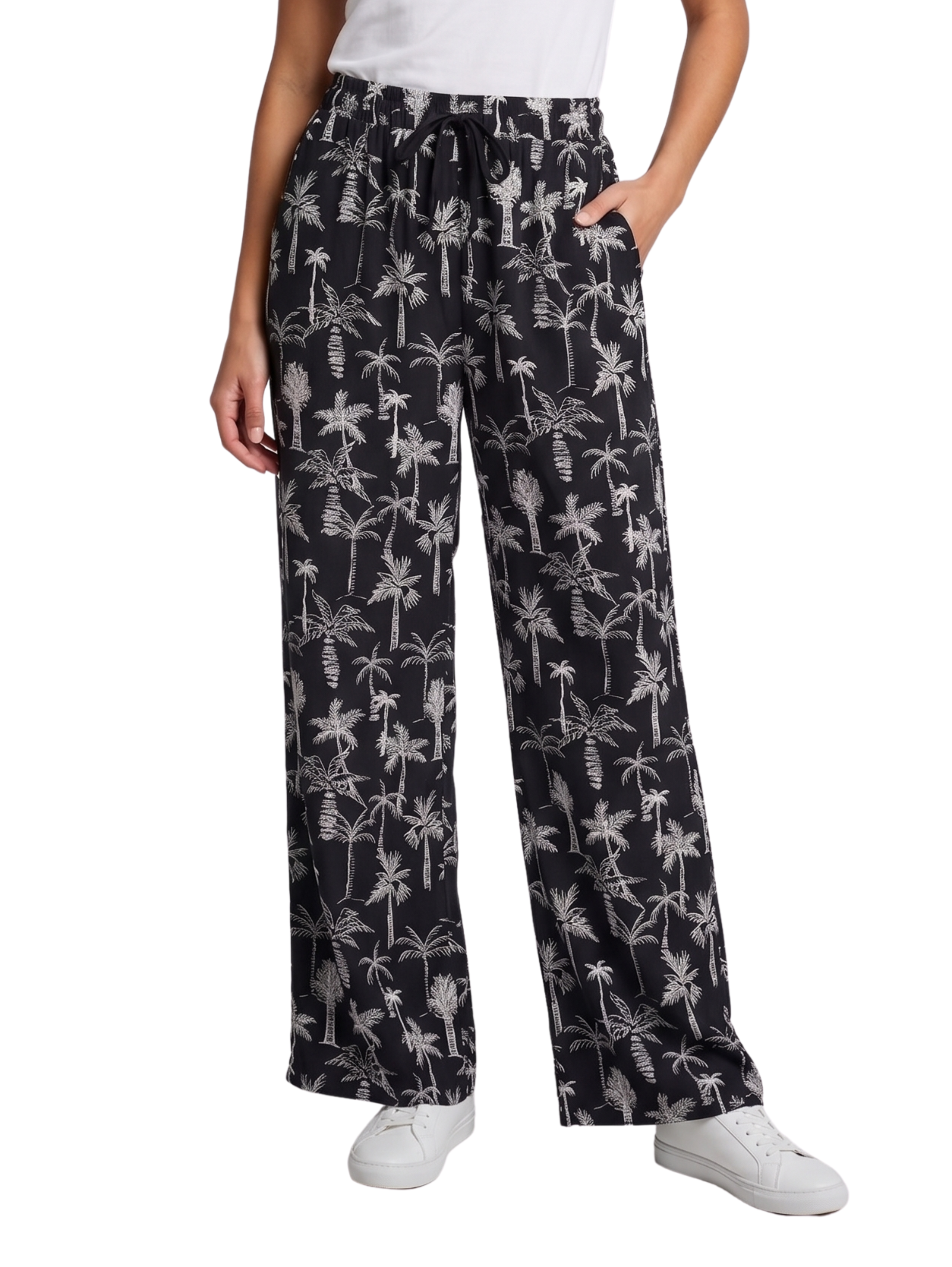 Black & White Printed Palm Wide Leg Pants