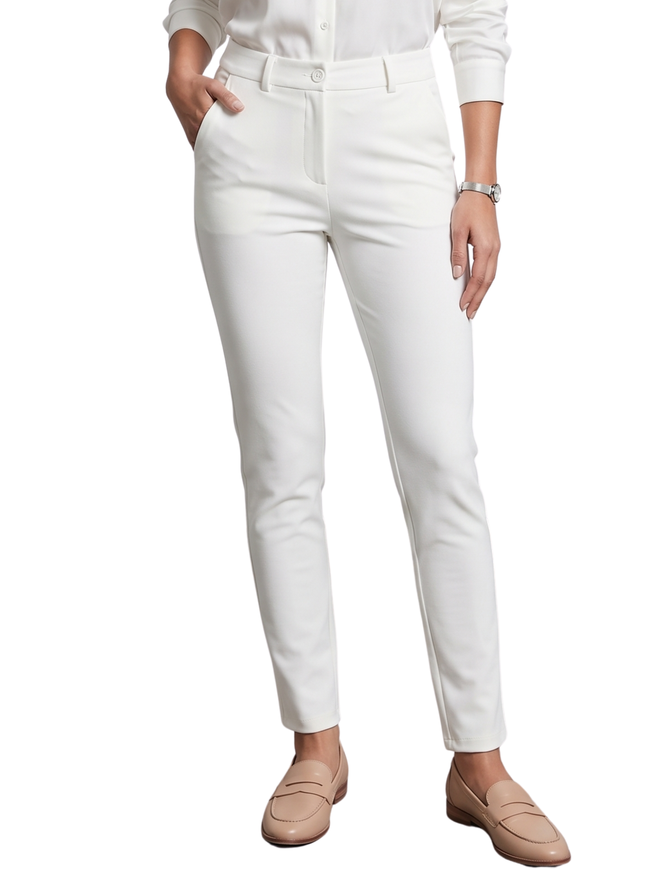 Classic Off White Lycra Stretch Slim Leg Tailored Pants