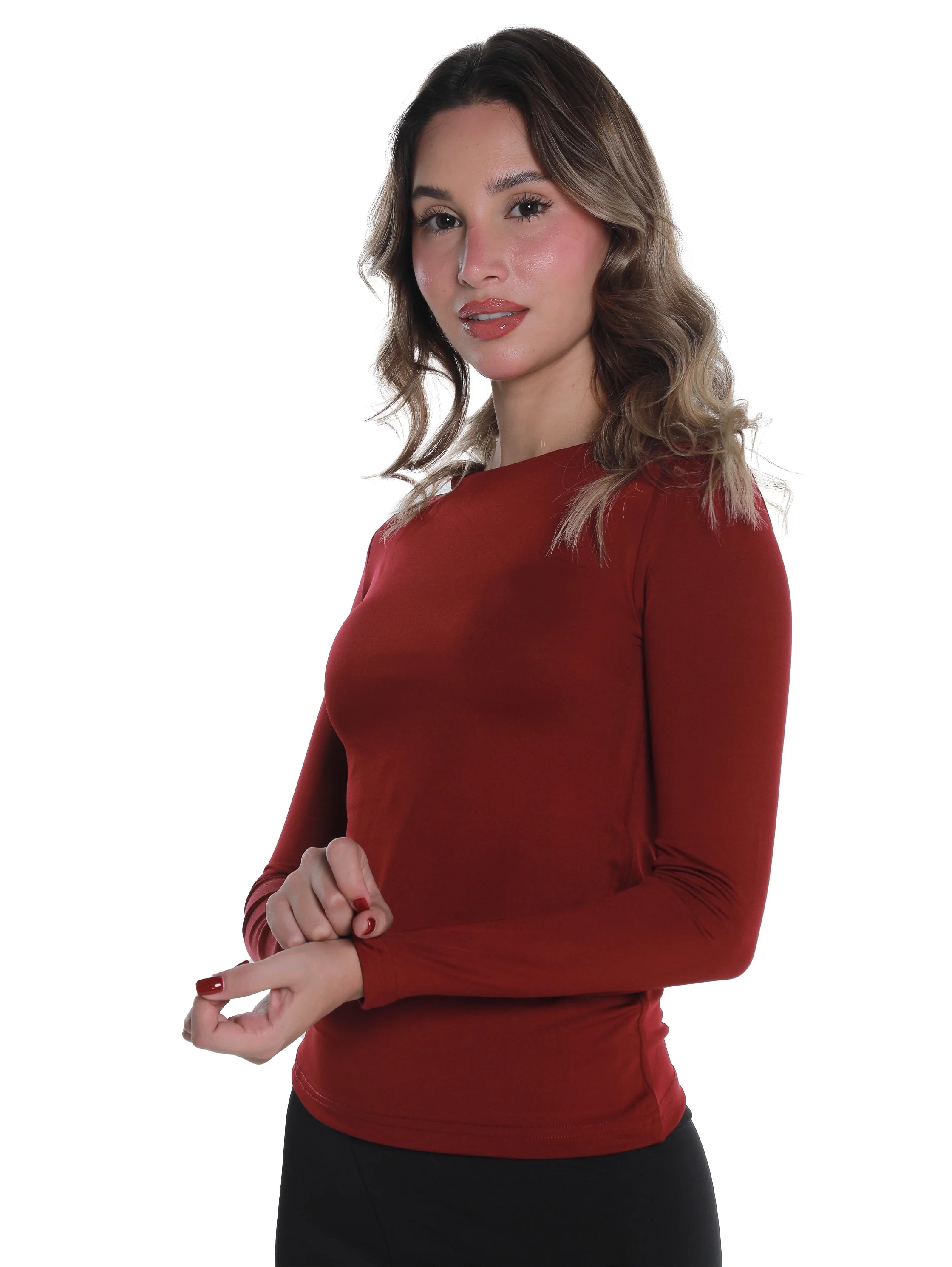 Long Sleeved Wine Basic Top Round Neck