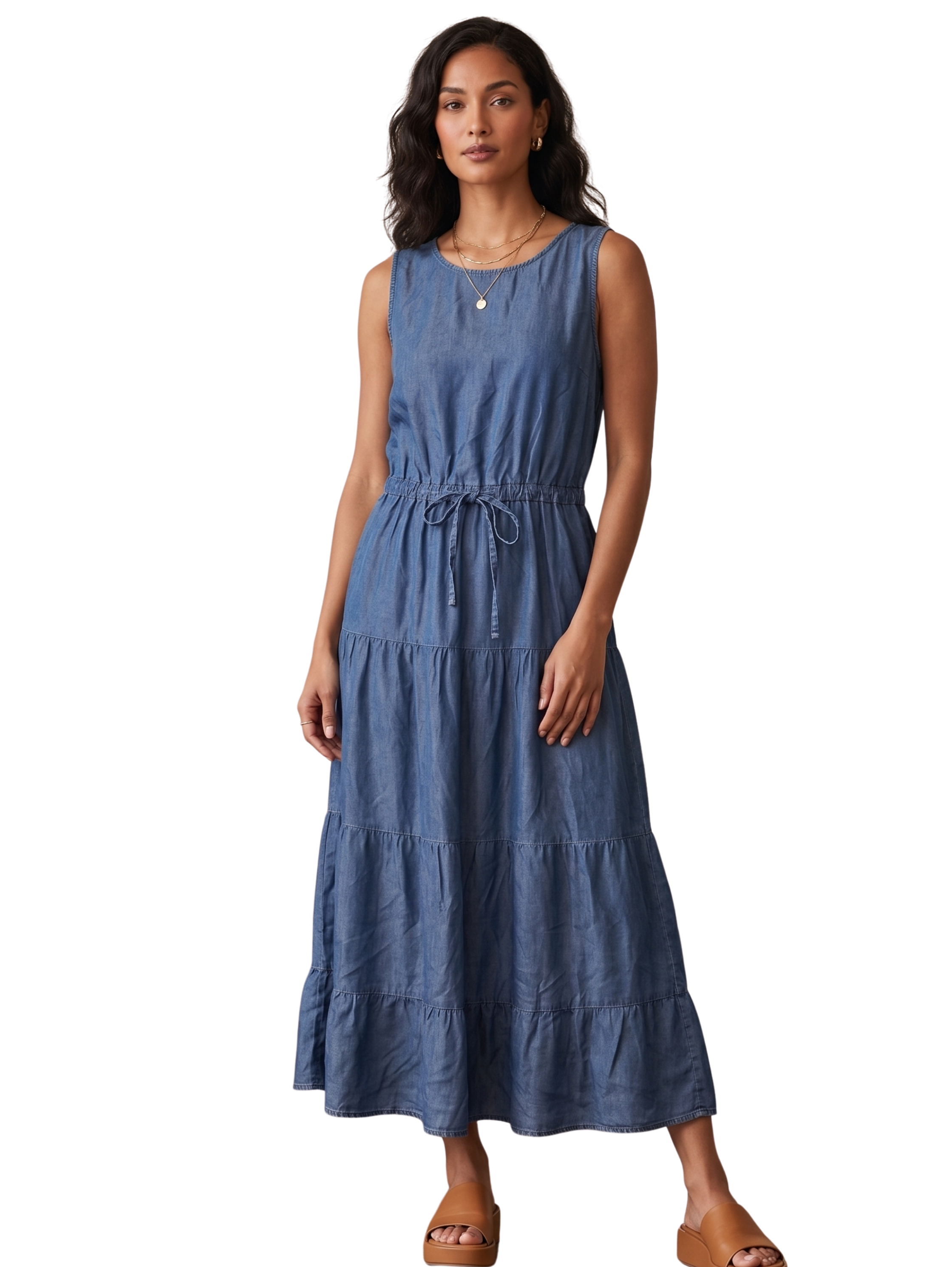 Sleeveless Navy Denim Dress With Elastic Tie Waist