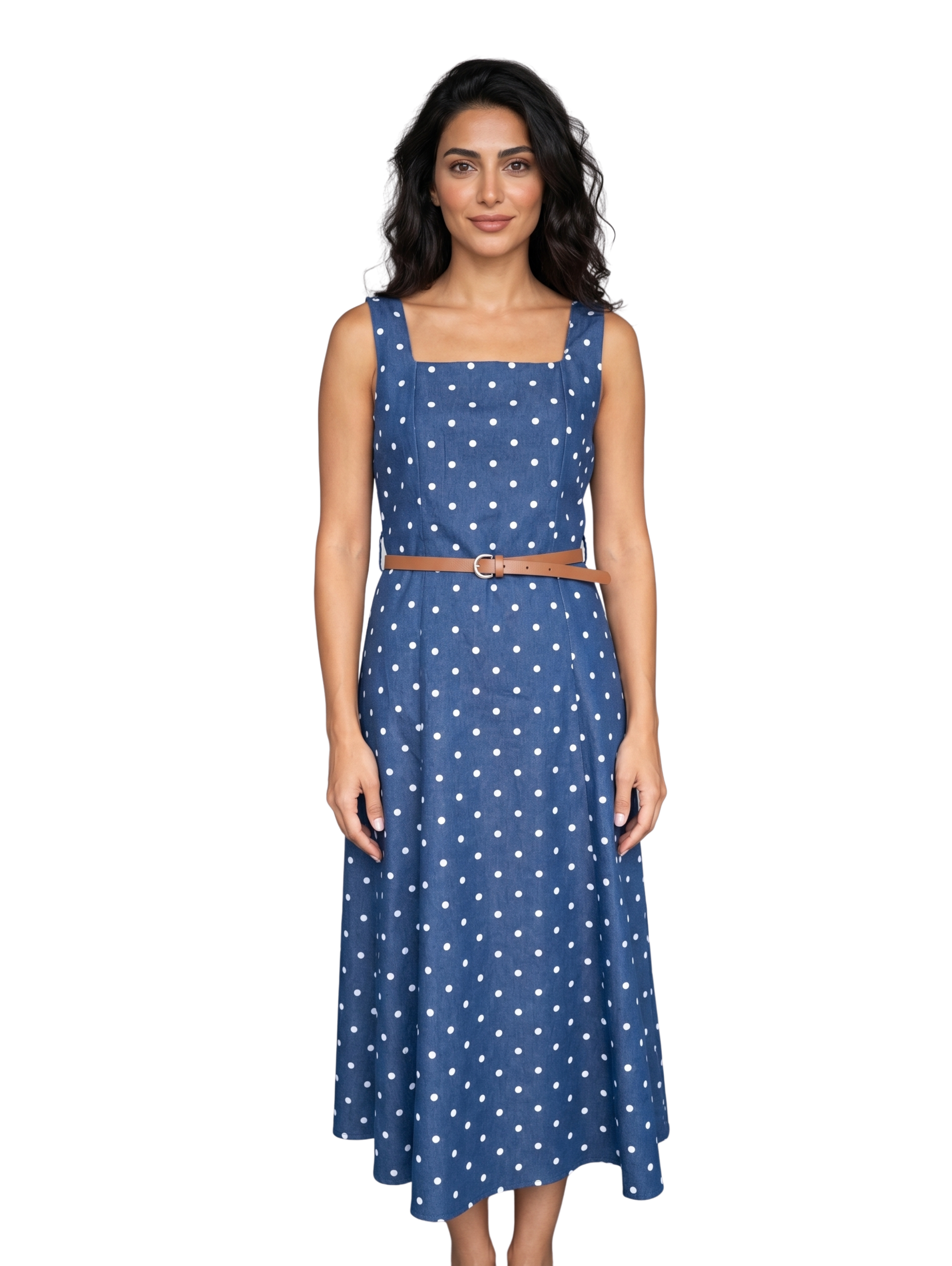 Navy Polka Dot Sleeveless Square Neckline Dress With Belt