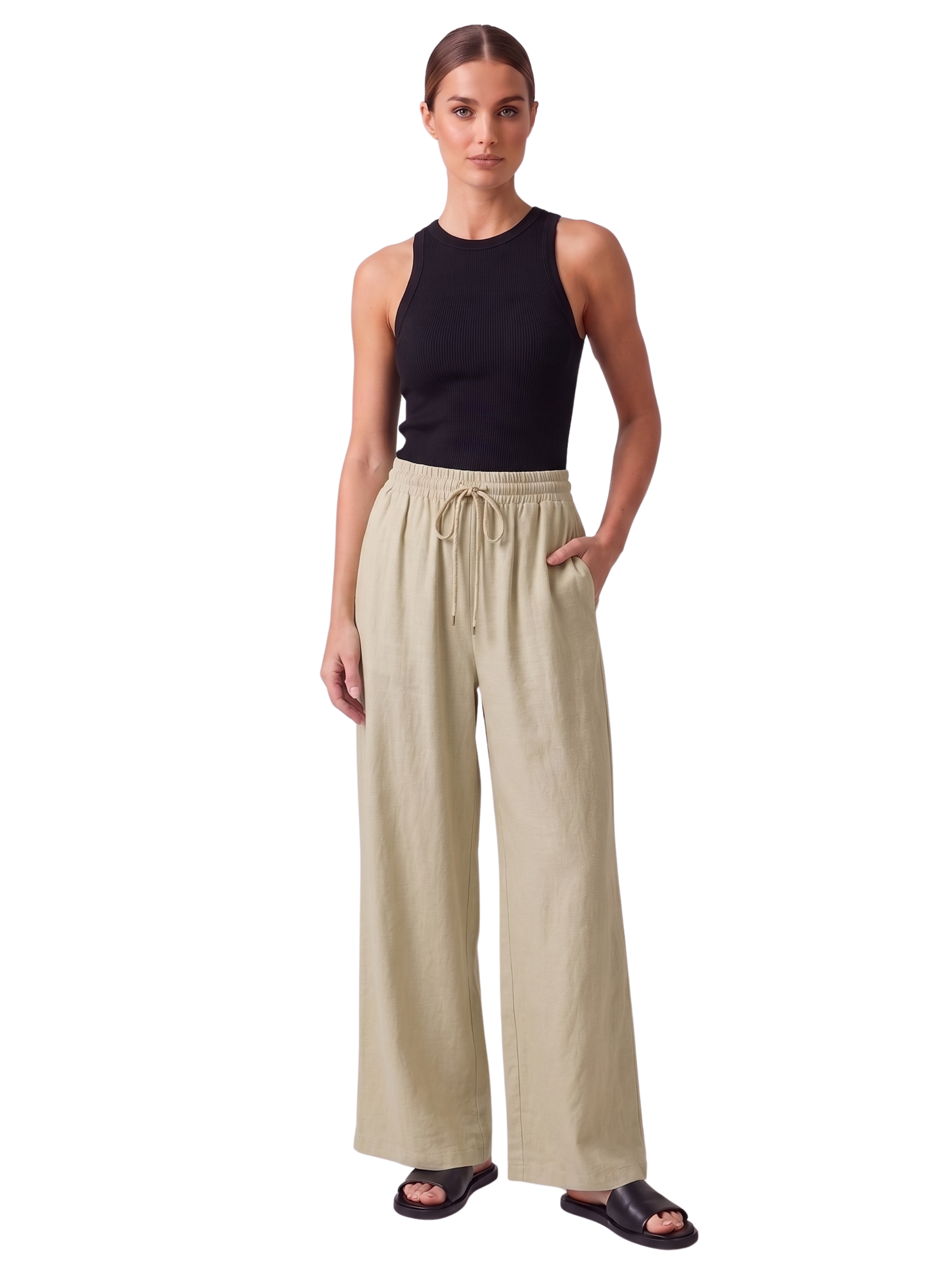 Beige Wide Leg Drawstring Linen Pants