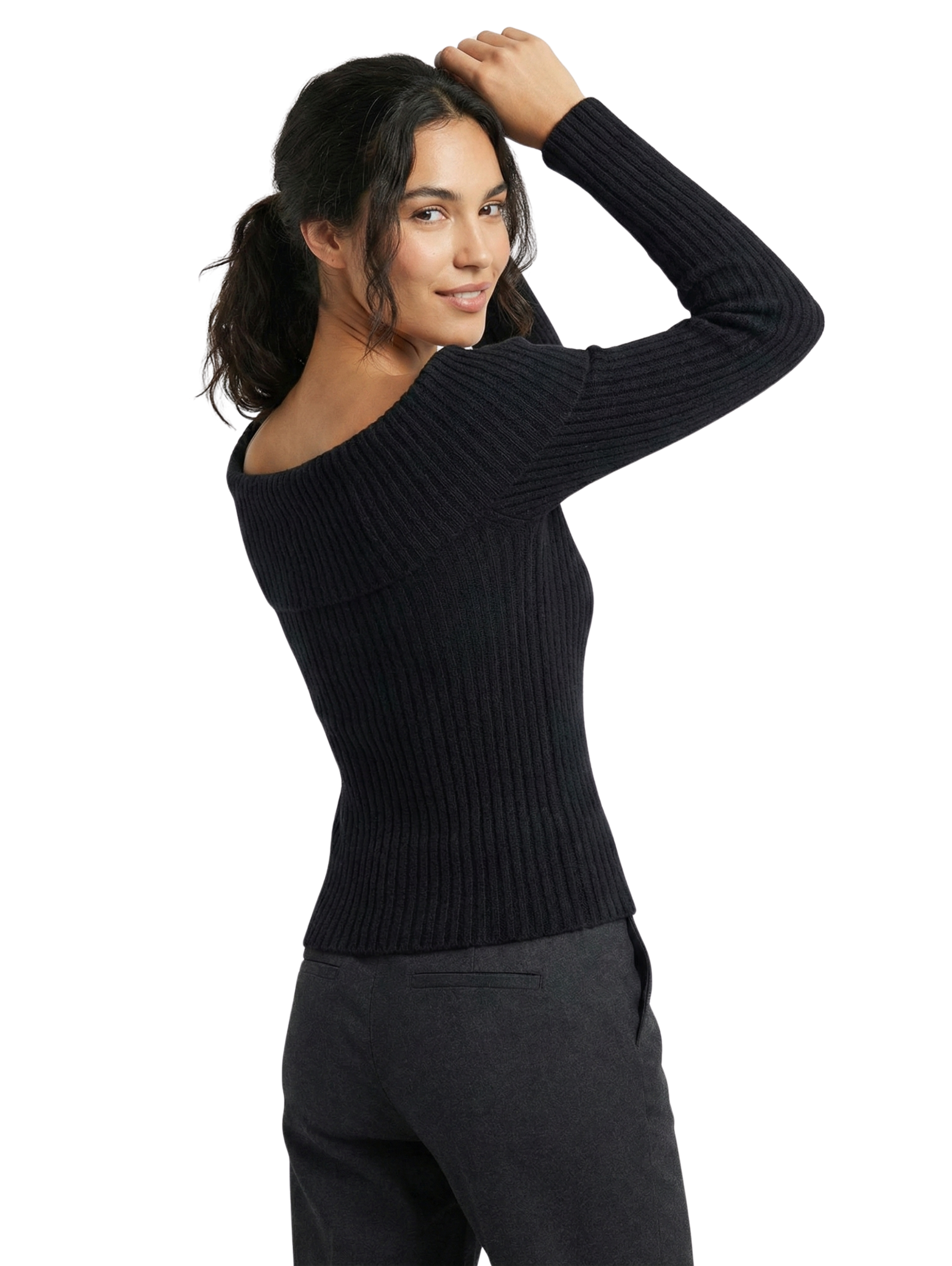 Off Shoulder Black Knitwear Long Sleeve Pullover