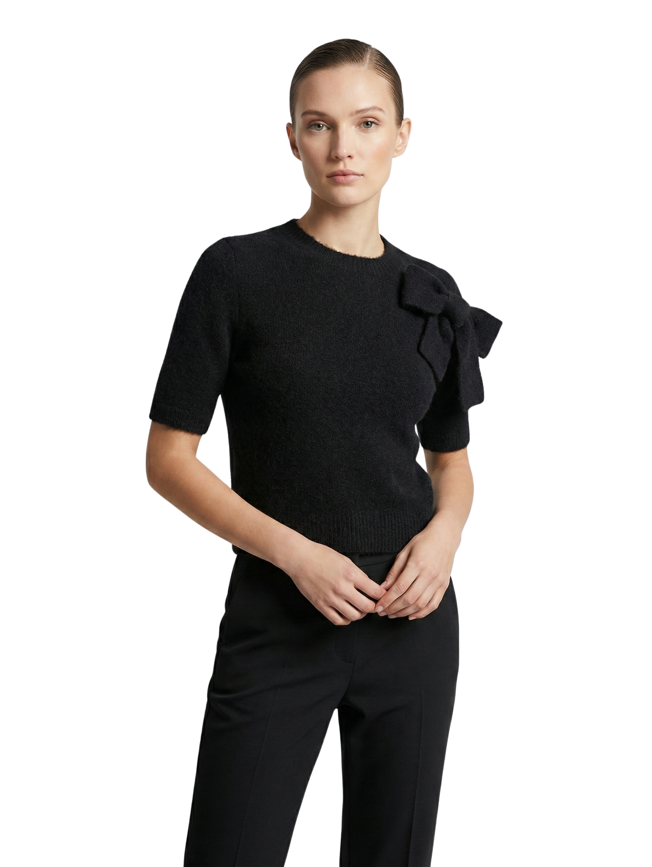 Short Sleeved Black Sweater With Ribbon Design