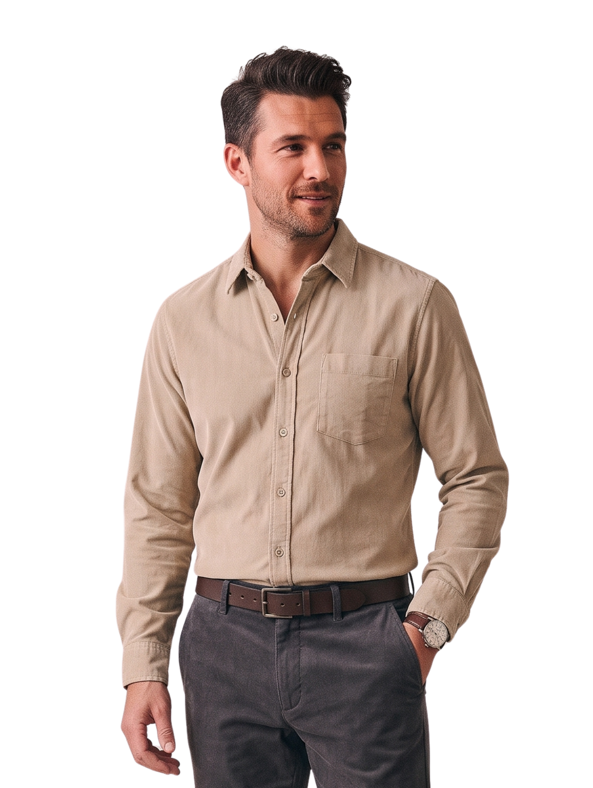 Beige Long Sleeved Shirt With Chest Pocket