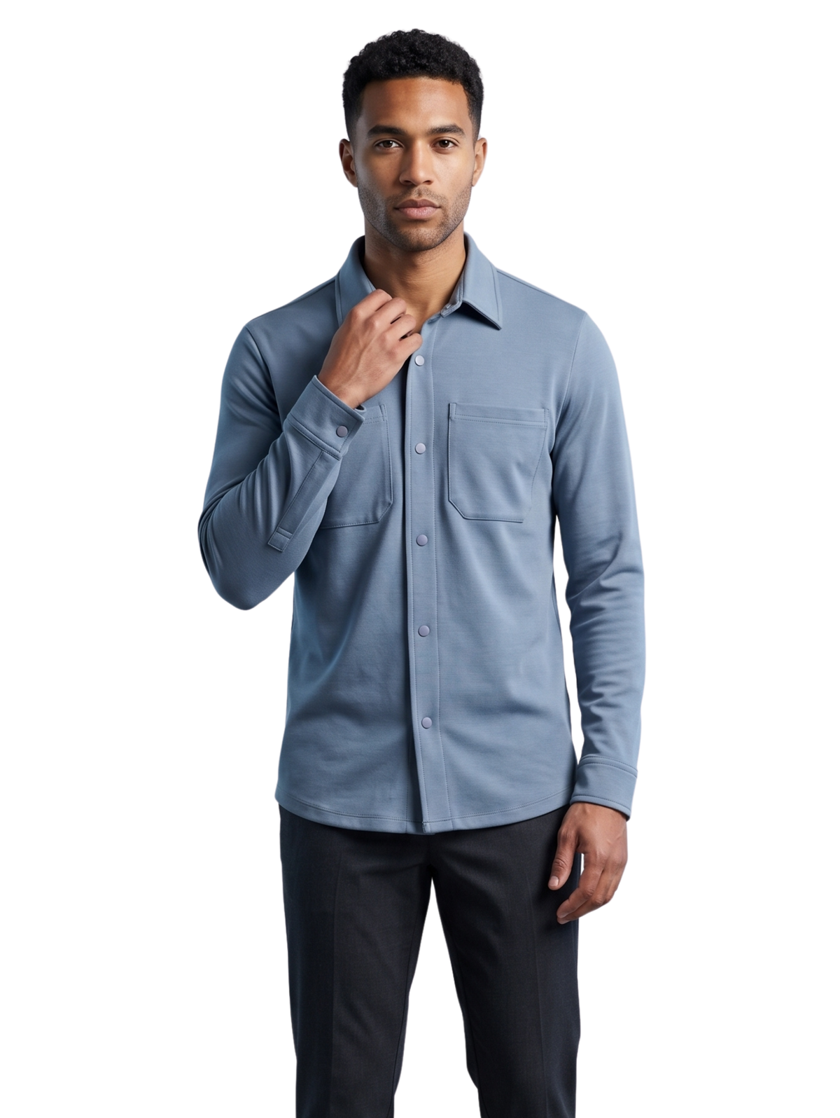Blue Snap Front Shirt with Double Chest Pockets