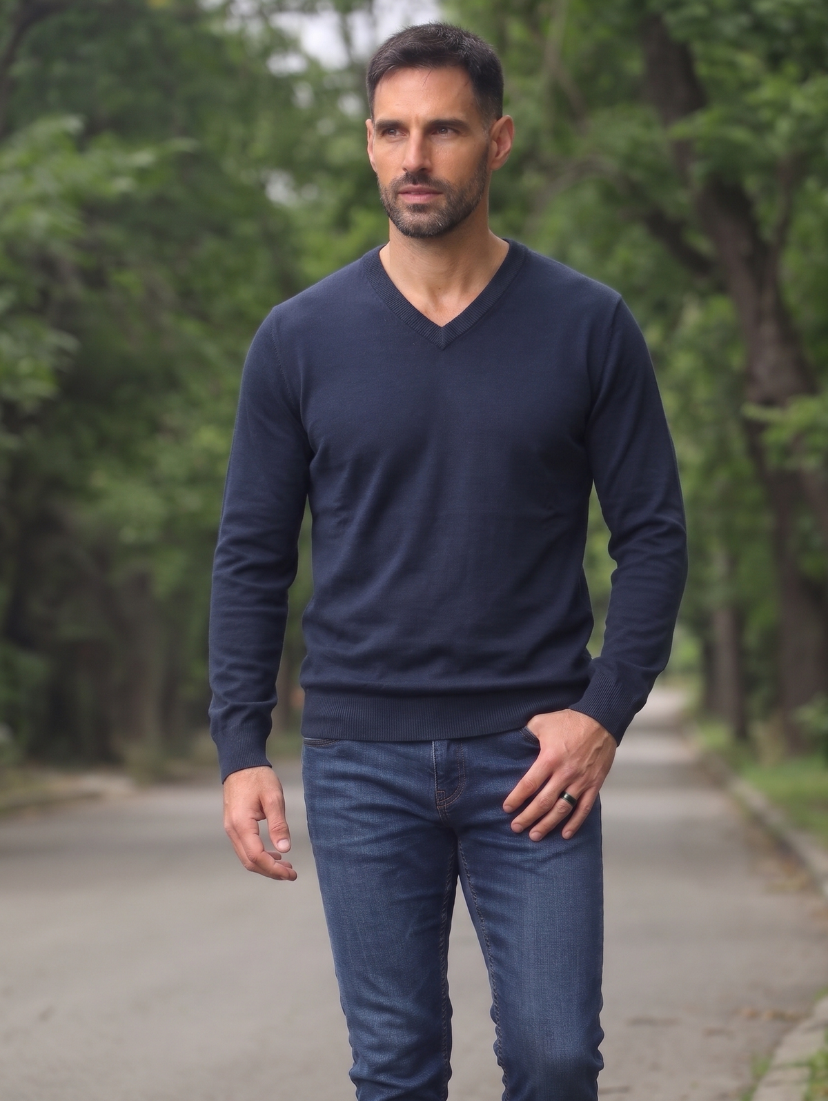 Navy V-Neckline Pullover