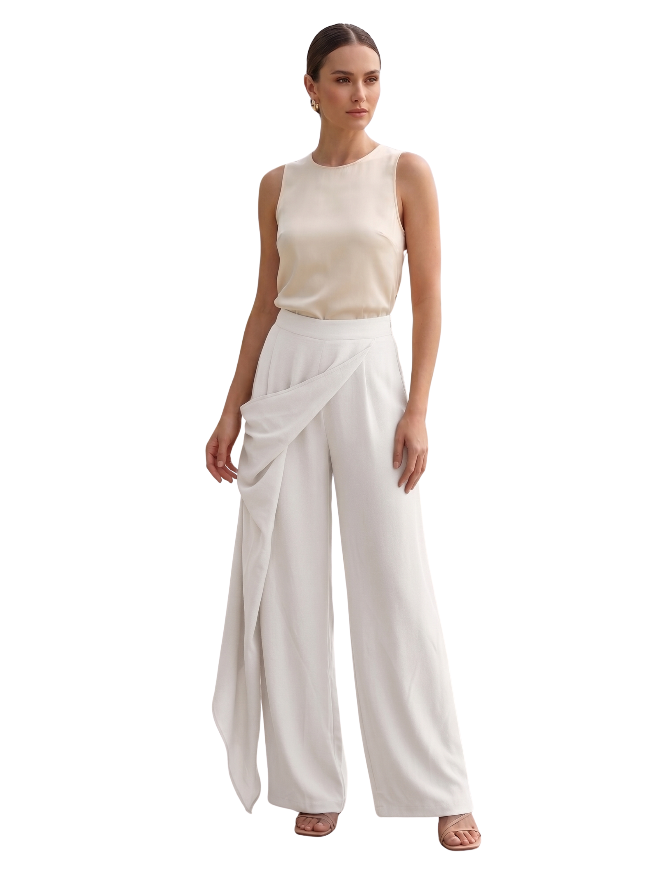 White Flowy Draped Side Skirt Linen Wide Leg Pants
