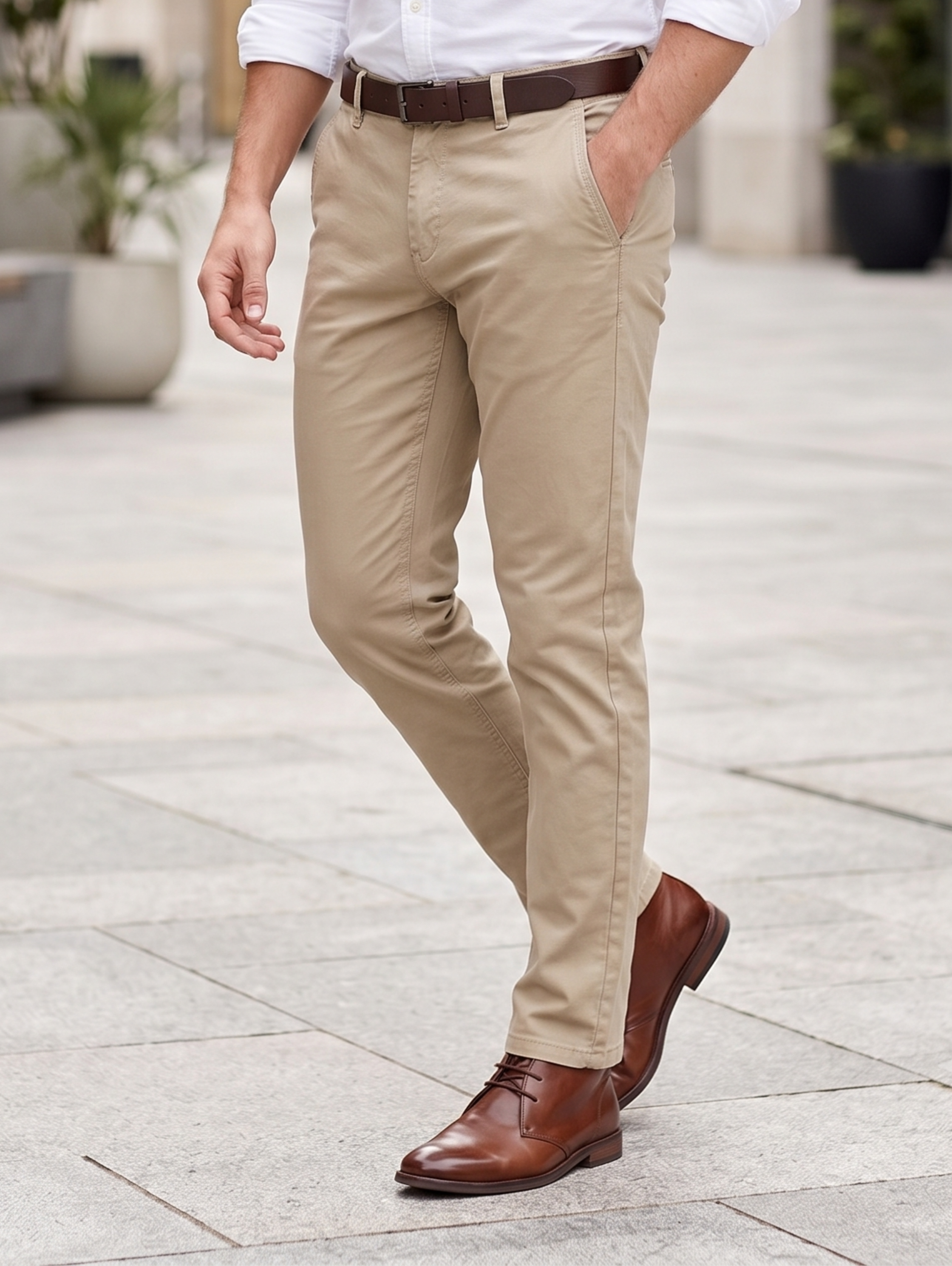 Beige Casual Chino Pants With Side Slanted Pockets