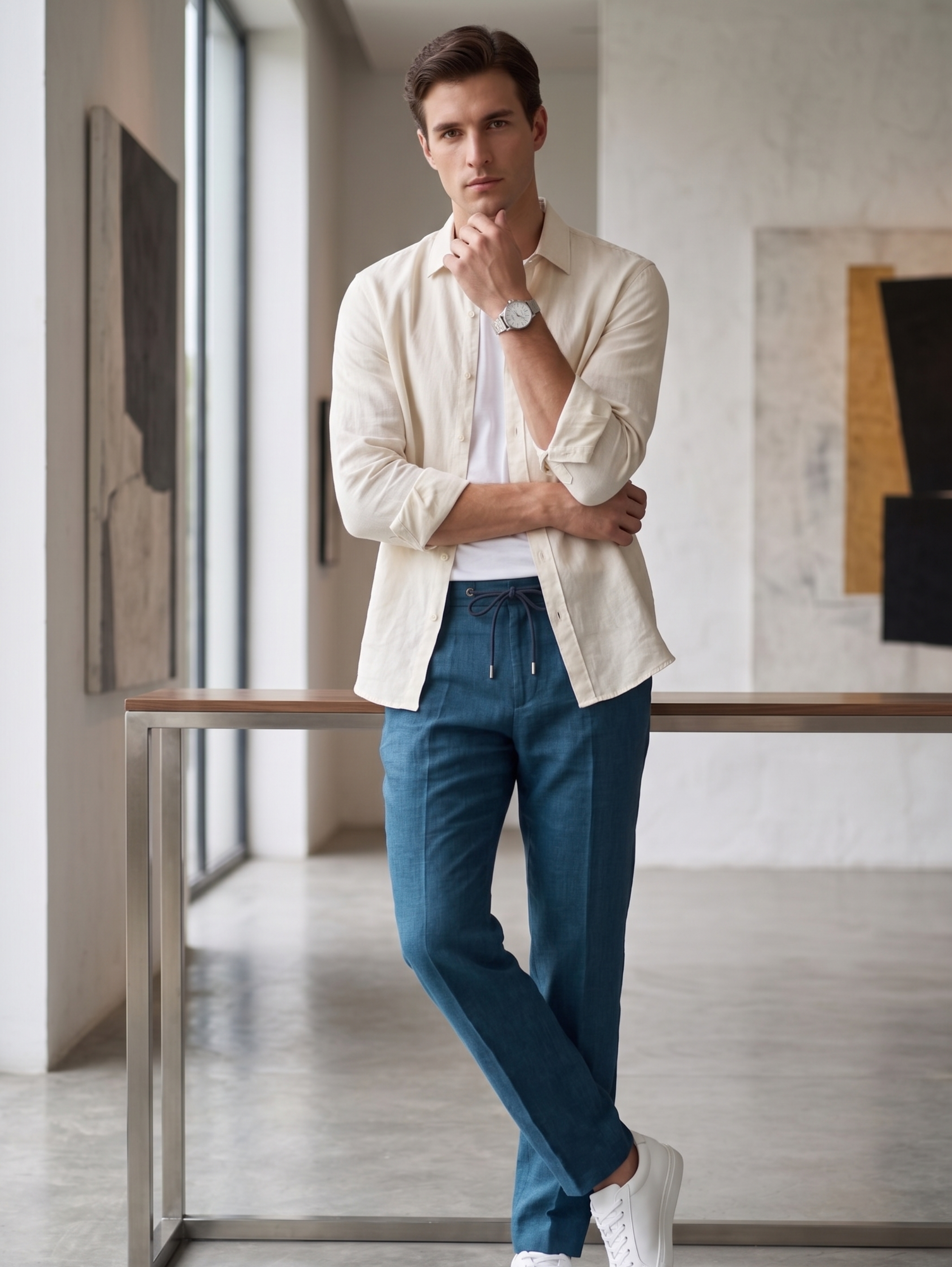 Navy Linen Pant With Waisted Tie