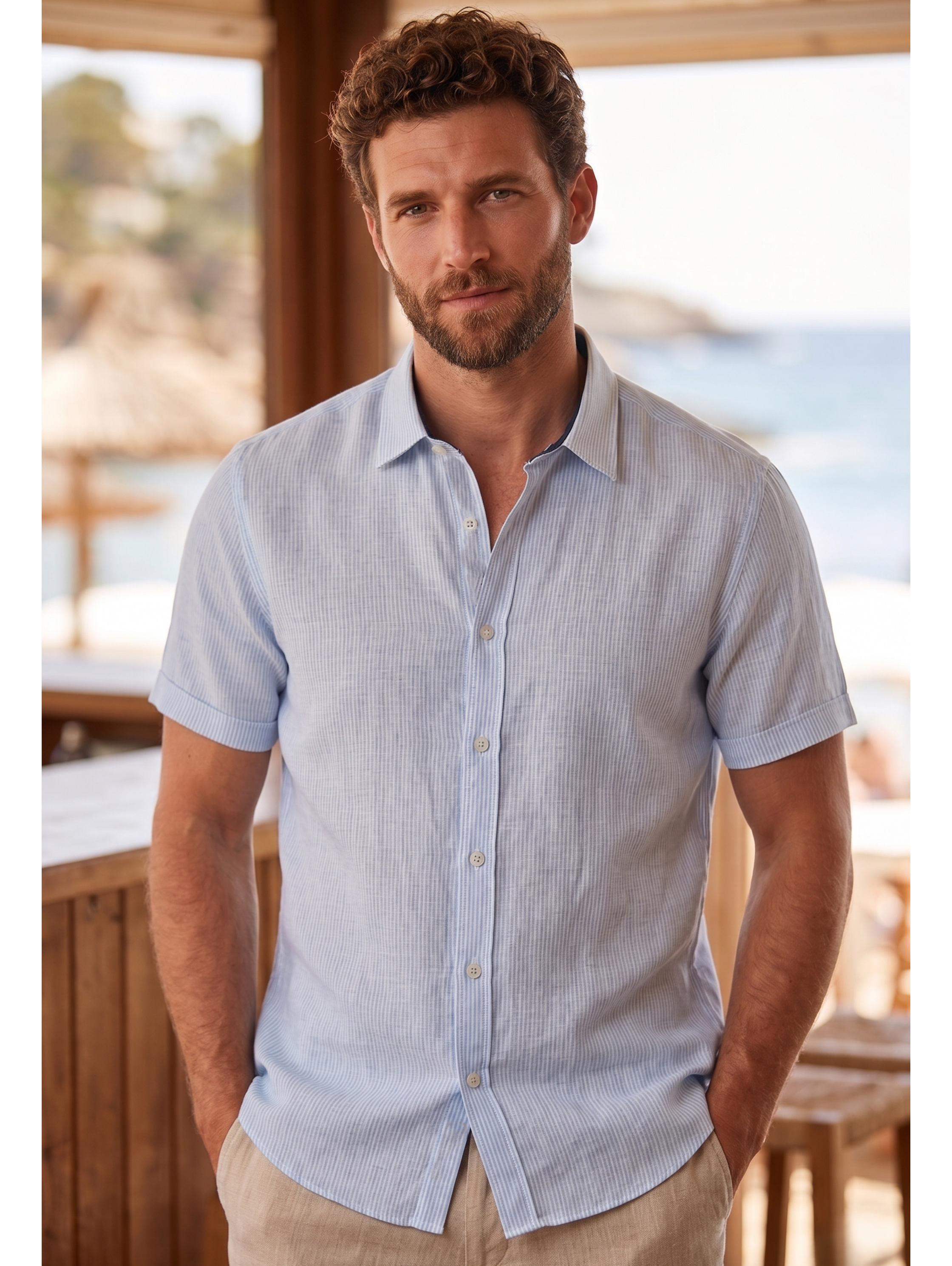 Sky Blue Short Sleeved Linen Shirt With Striped Design