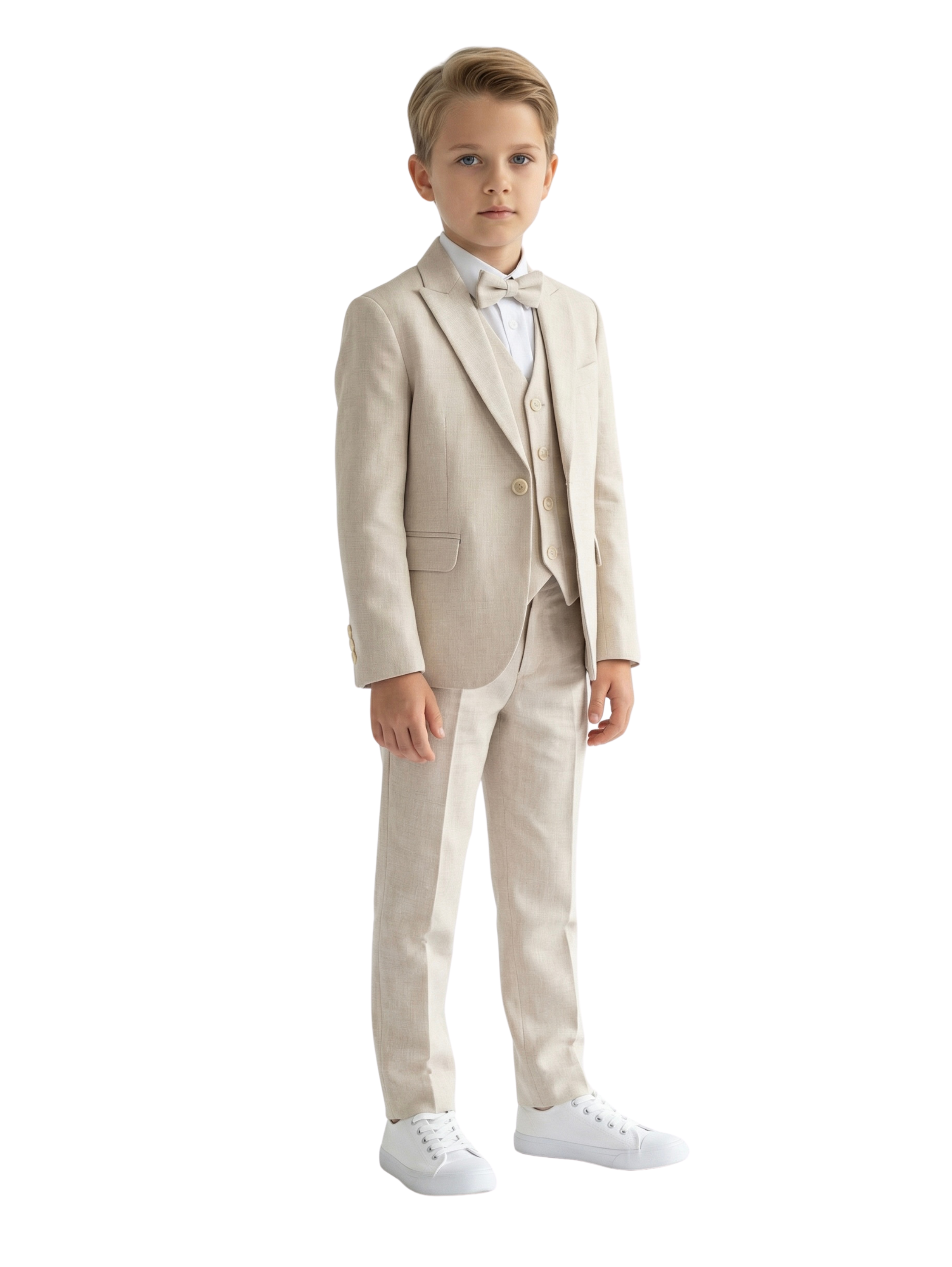 Kids Slim Fit Textured Beige Suit With Matching Vest