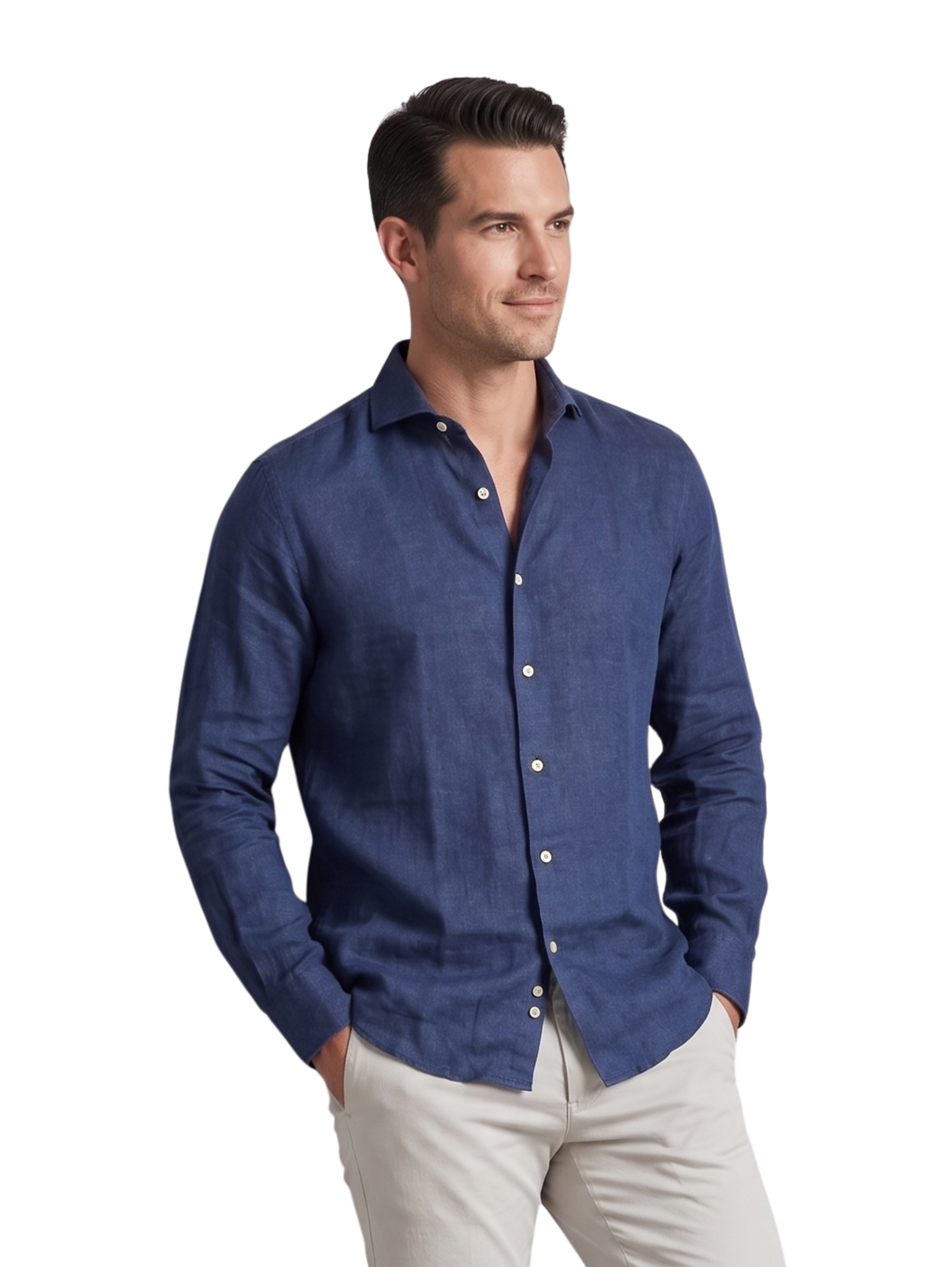 Navy Long Sleeved Regular Fit Linen Shirt