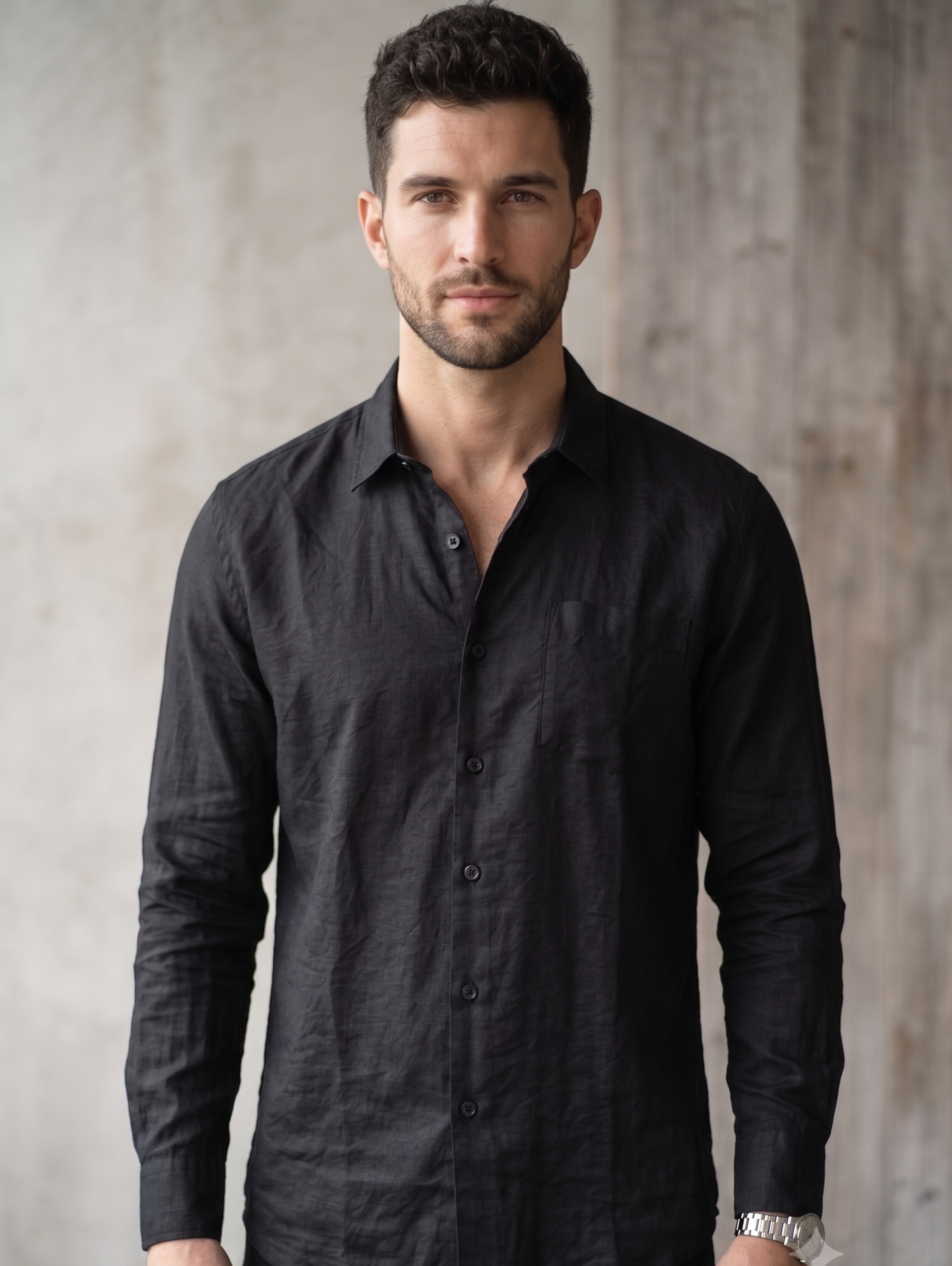 Black Long Sleeved Linen Shirt With Chest Pocket