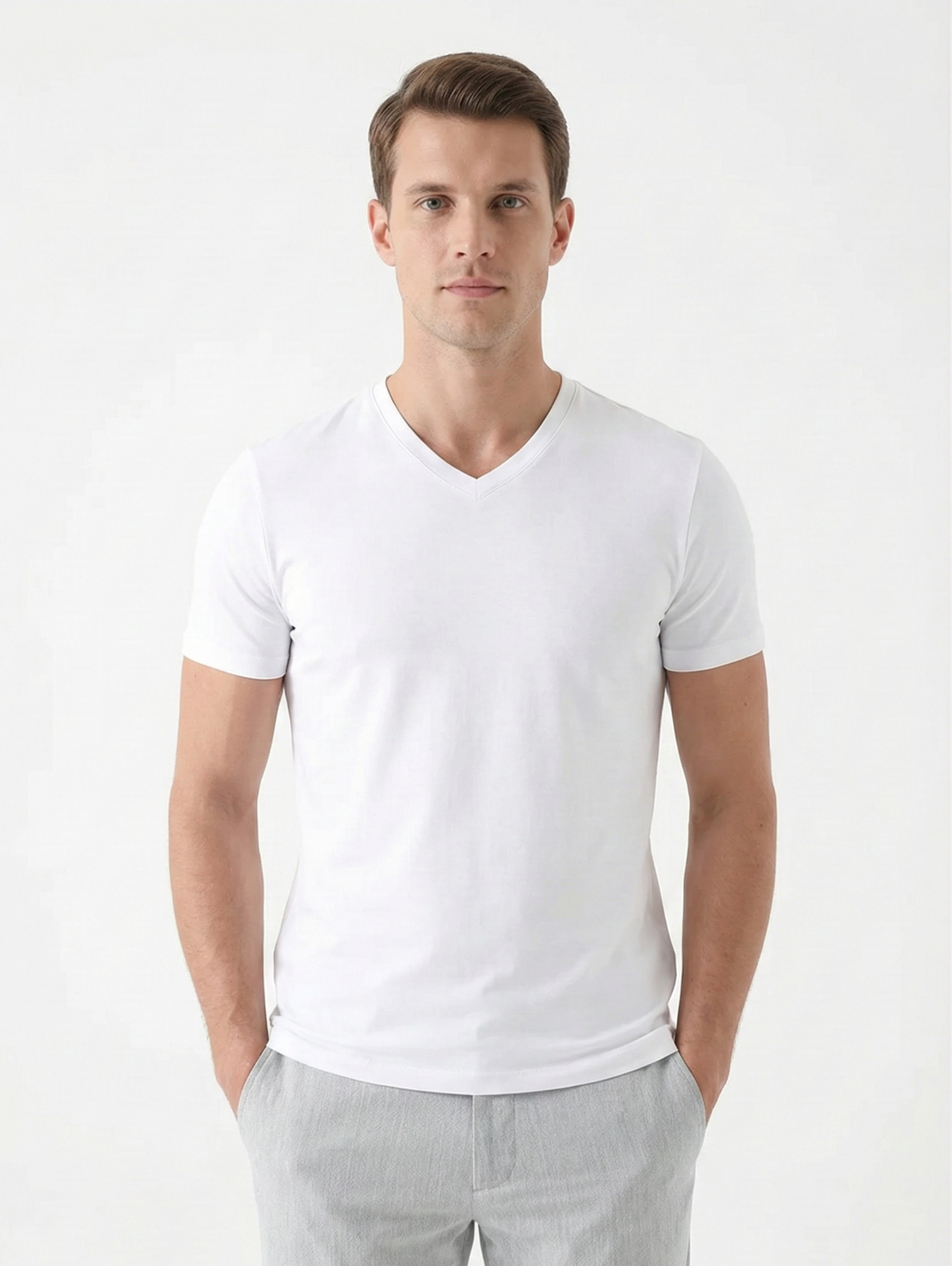 White Jack Dapper Short Sleeved White Basic T-shirt With V-neck