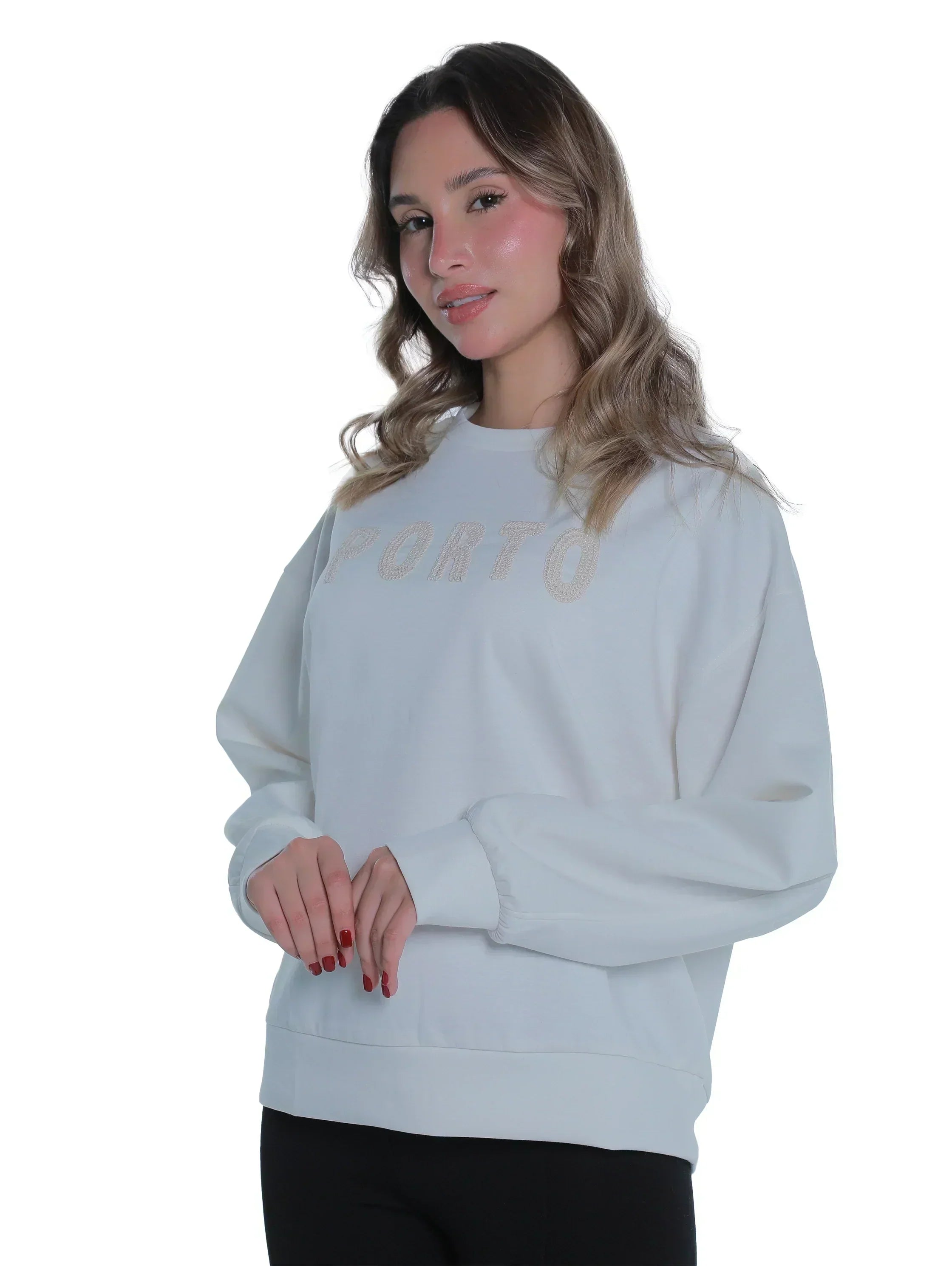 Round Neck White Sweater With "Porto" Front Design