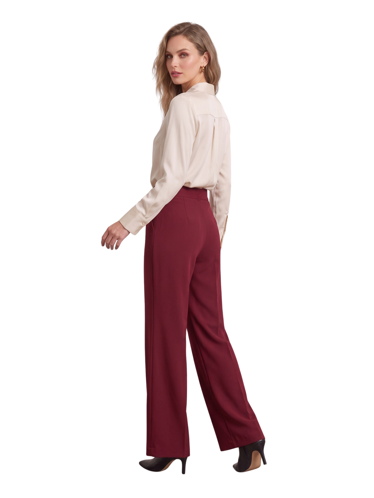 Wine Wide-Leg Pants with High Waist and Tailored Fit