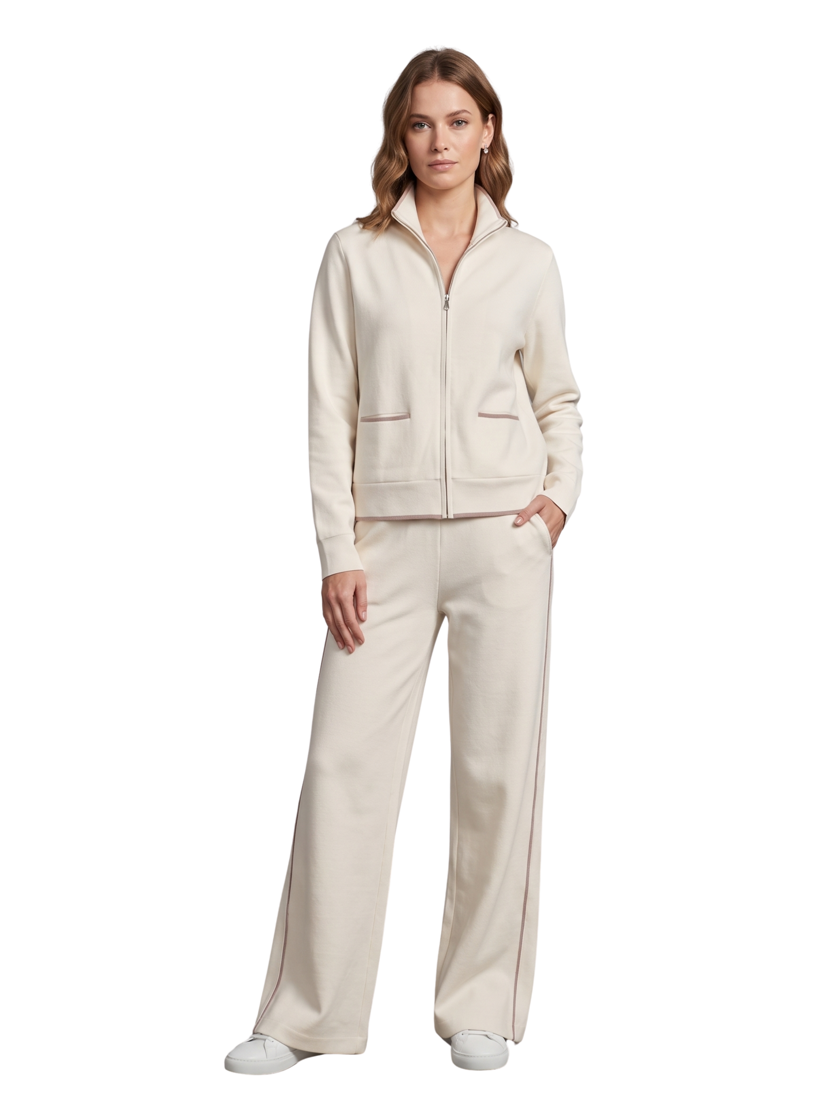 Two Piece Set Beige Zip-Up Jacket With Rose Trimmed Wide Leg Pants