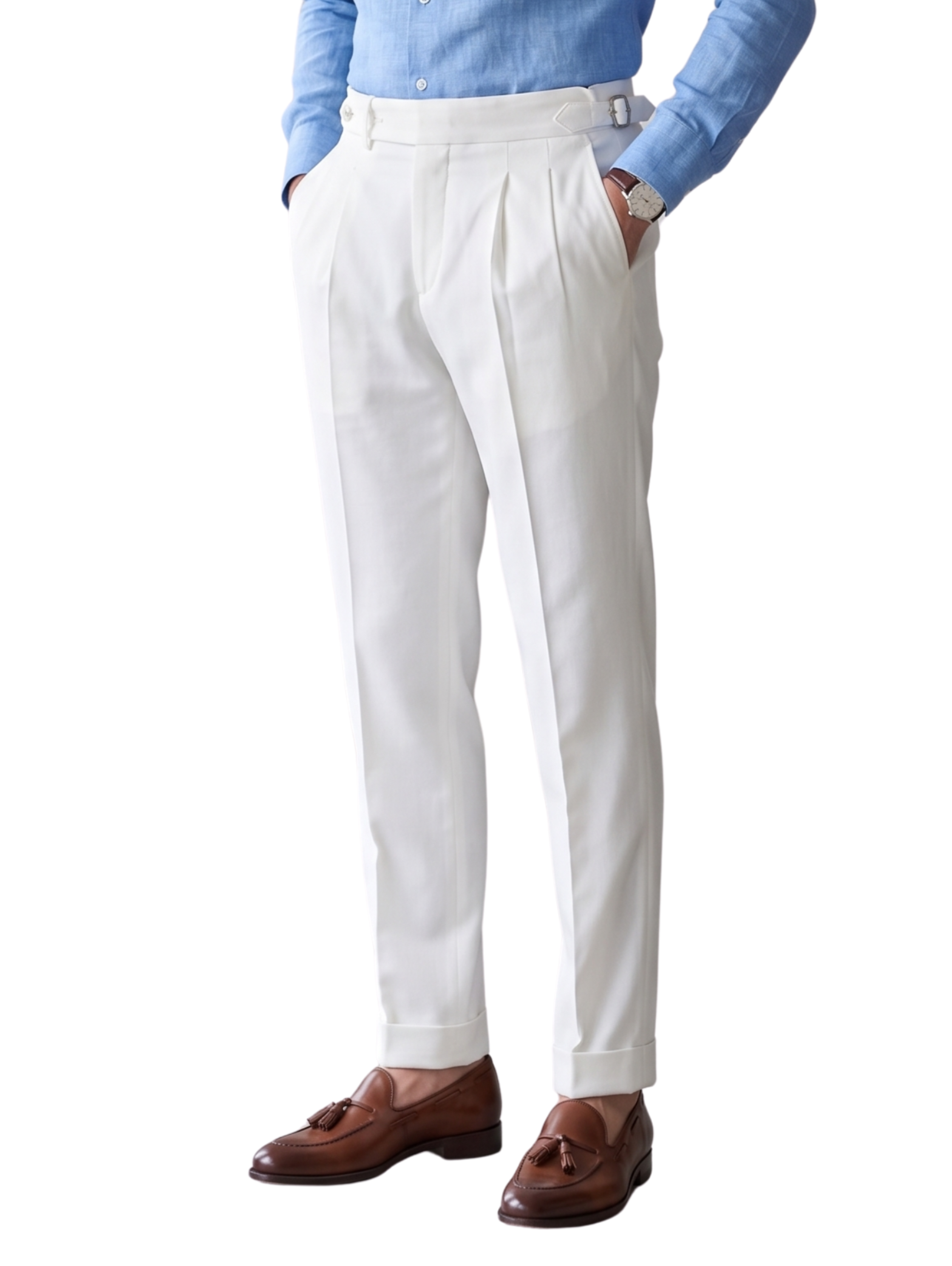 Classic White Double-Pleated Cuffed Pants