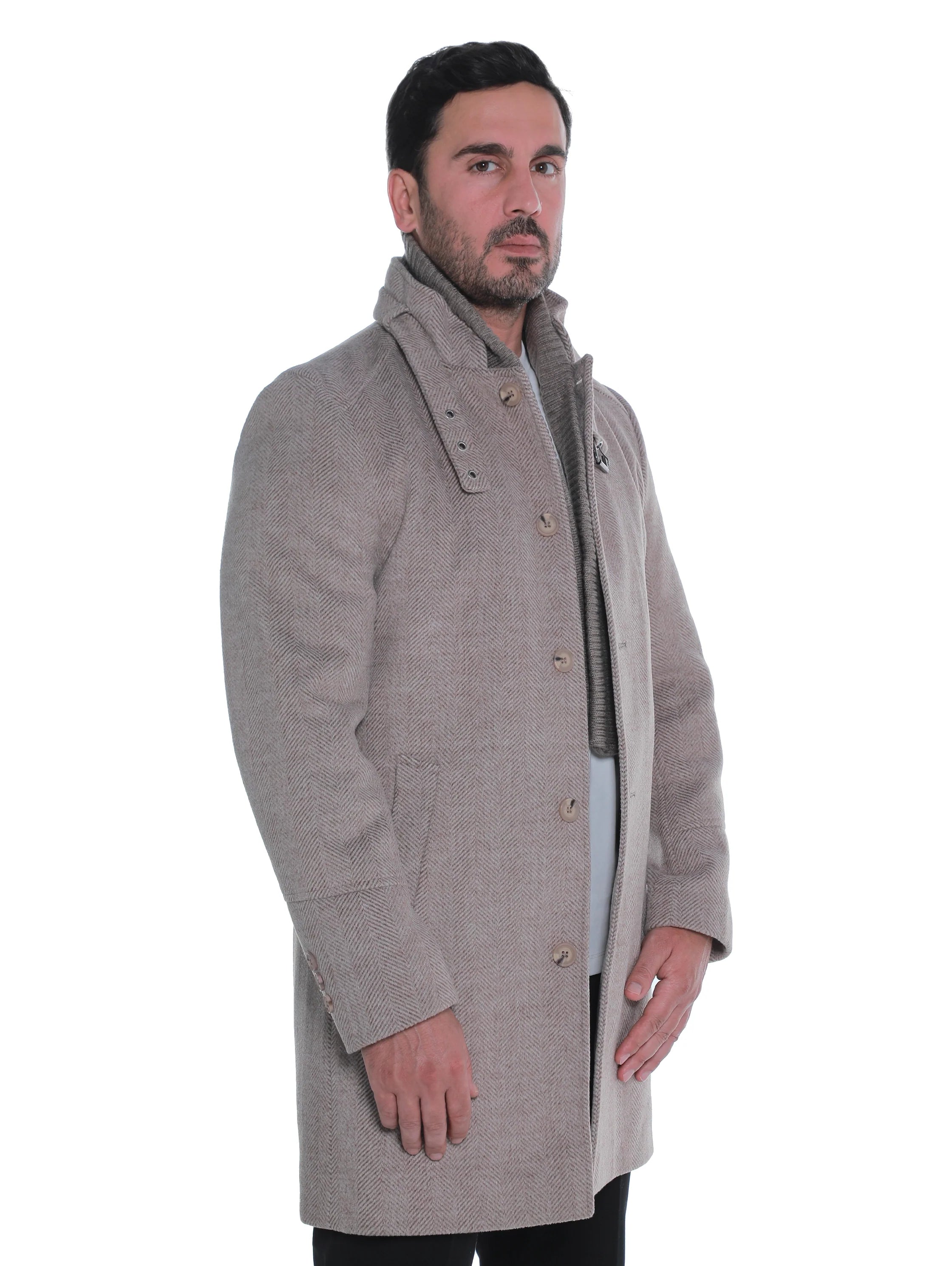Dark Beige Buttoned Coat With Side Slanted Pockets