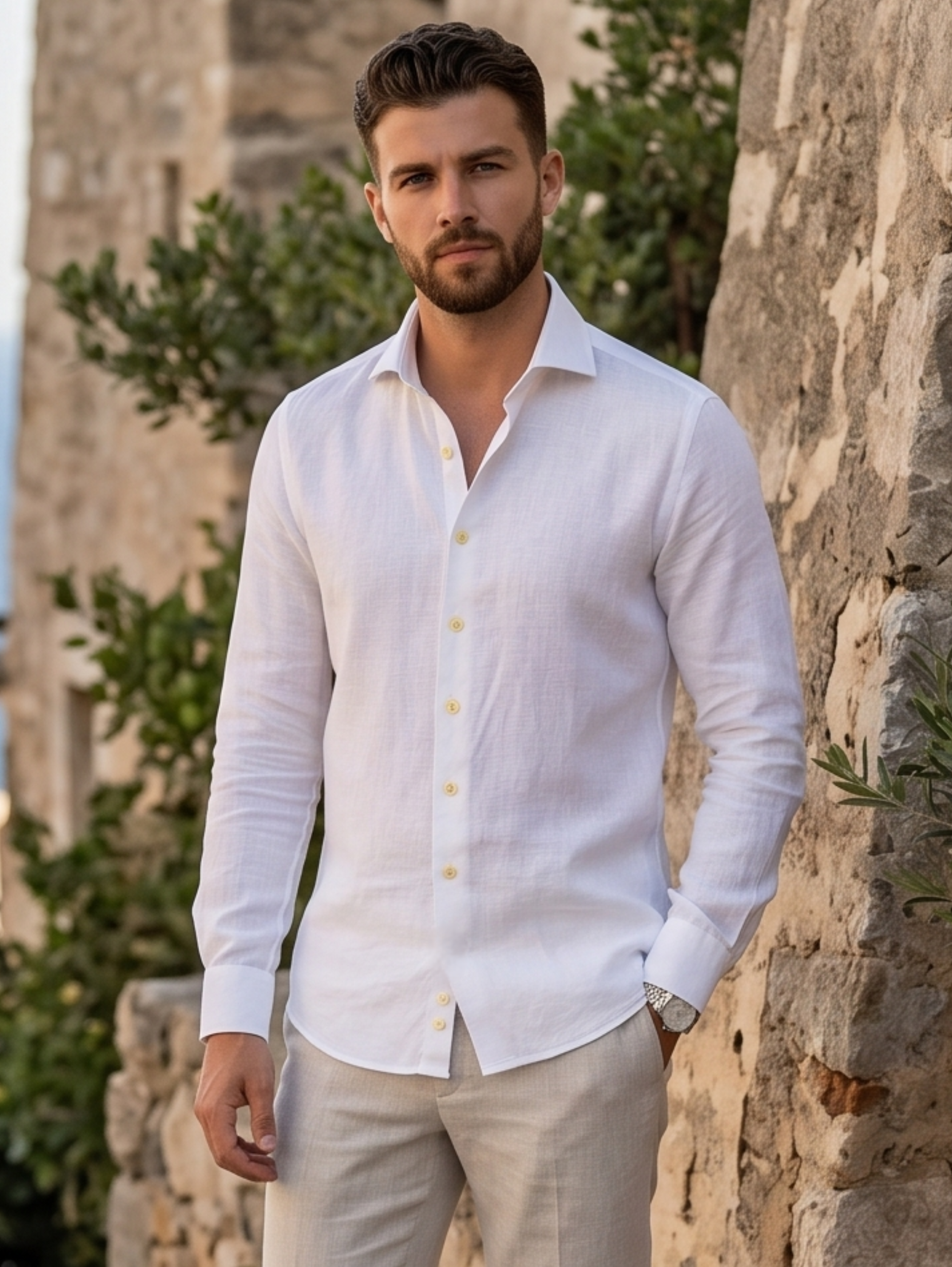 White Long Sleeved Regular Fit Linen Shirt