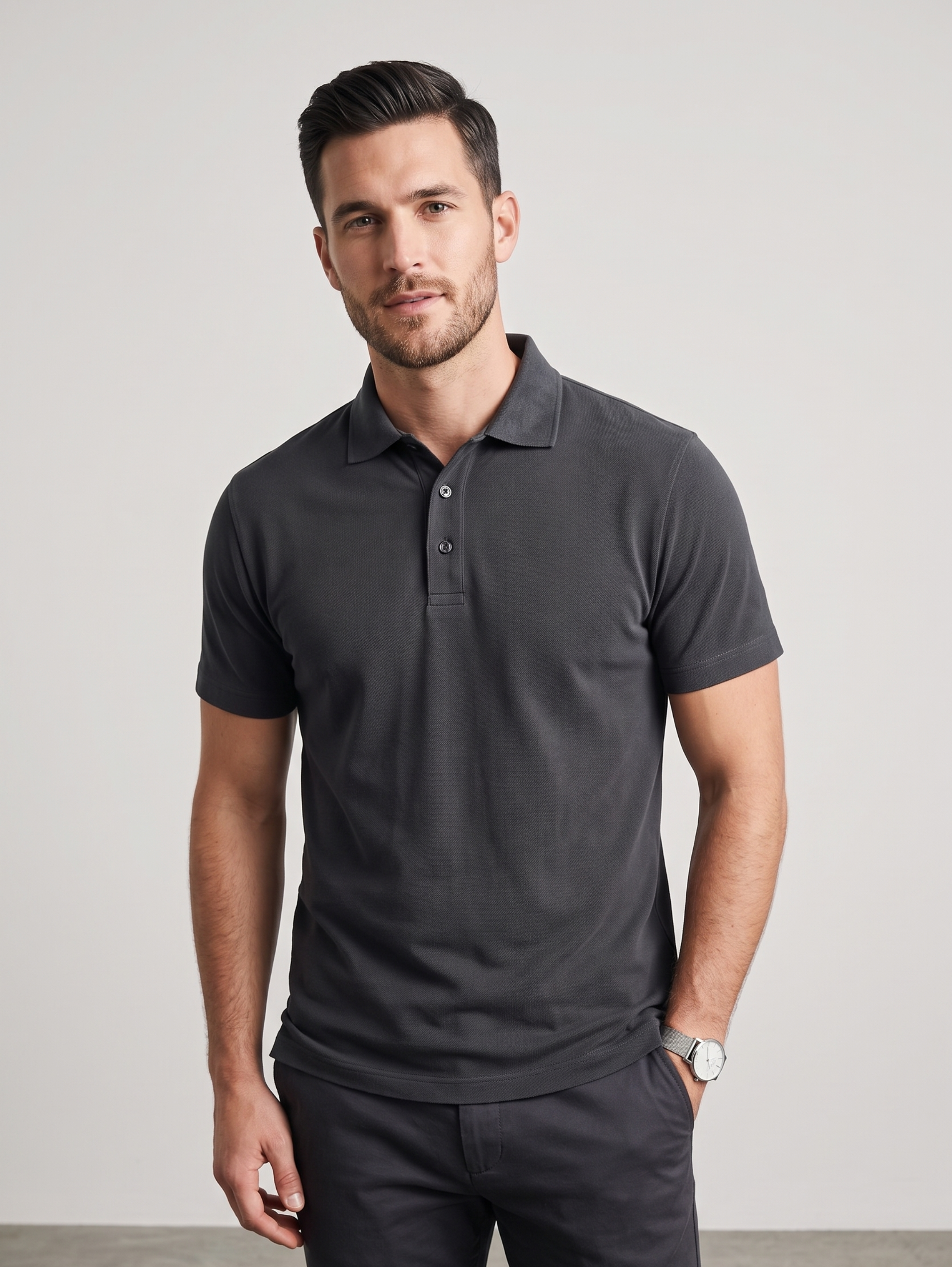 Black Short Sleeved Polo Shirt With Classic Spread Collar