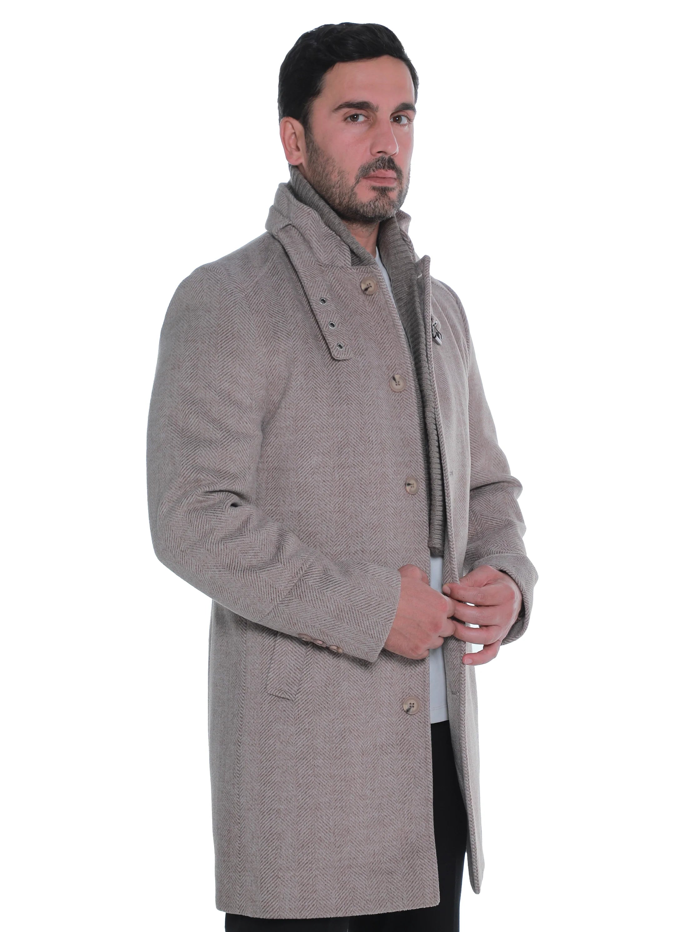 Dark Beige Buttoned Coat With Side Slanted Pockets