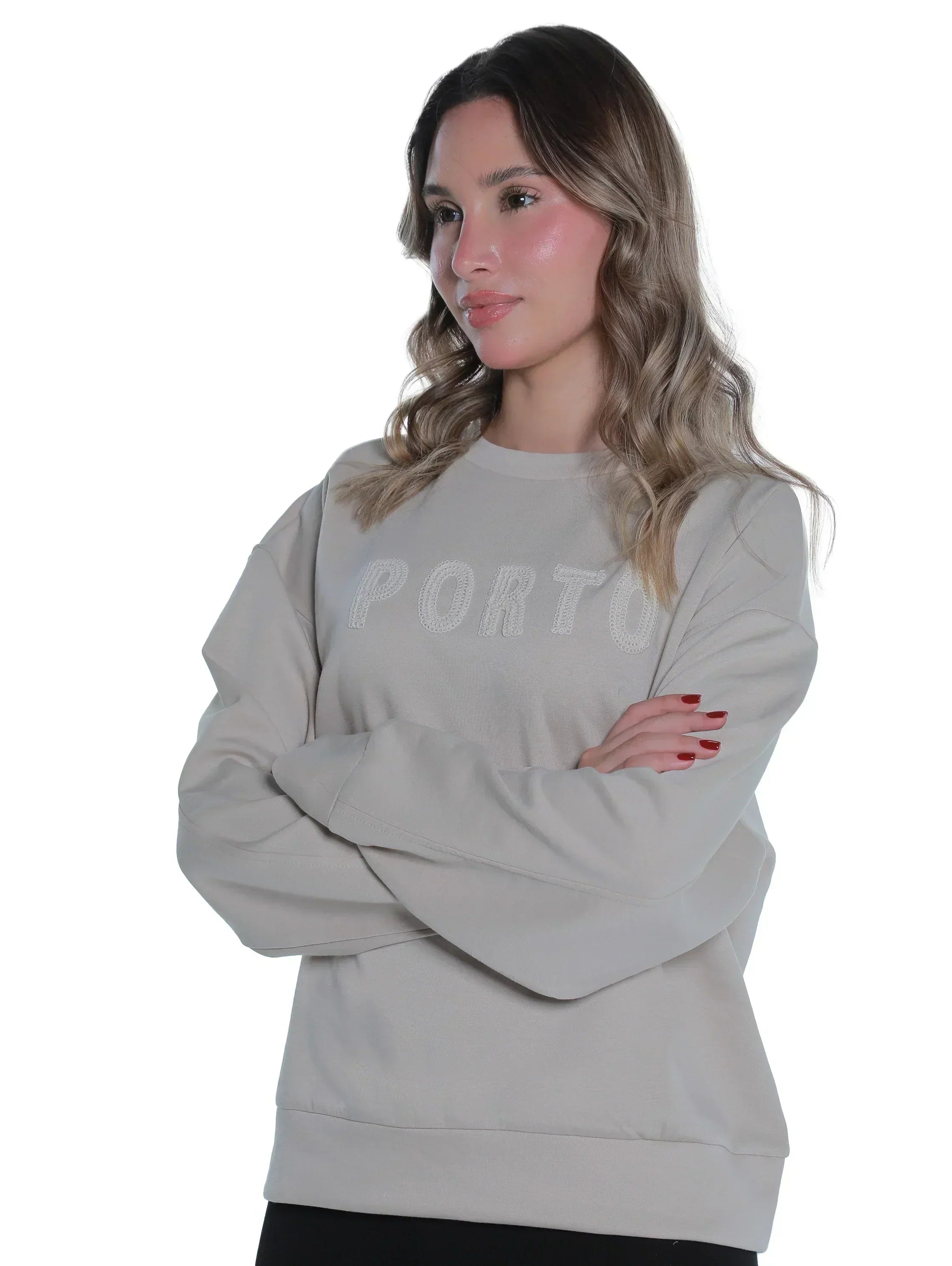 Round Neck Beige Sweater With "Porto" Front Design