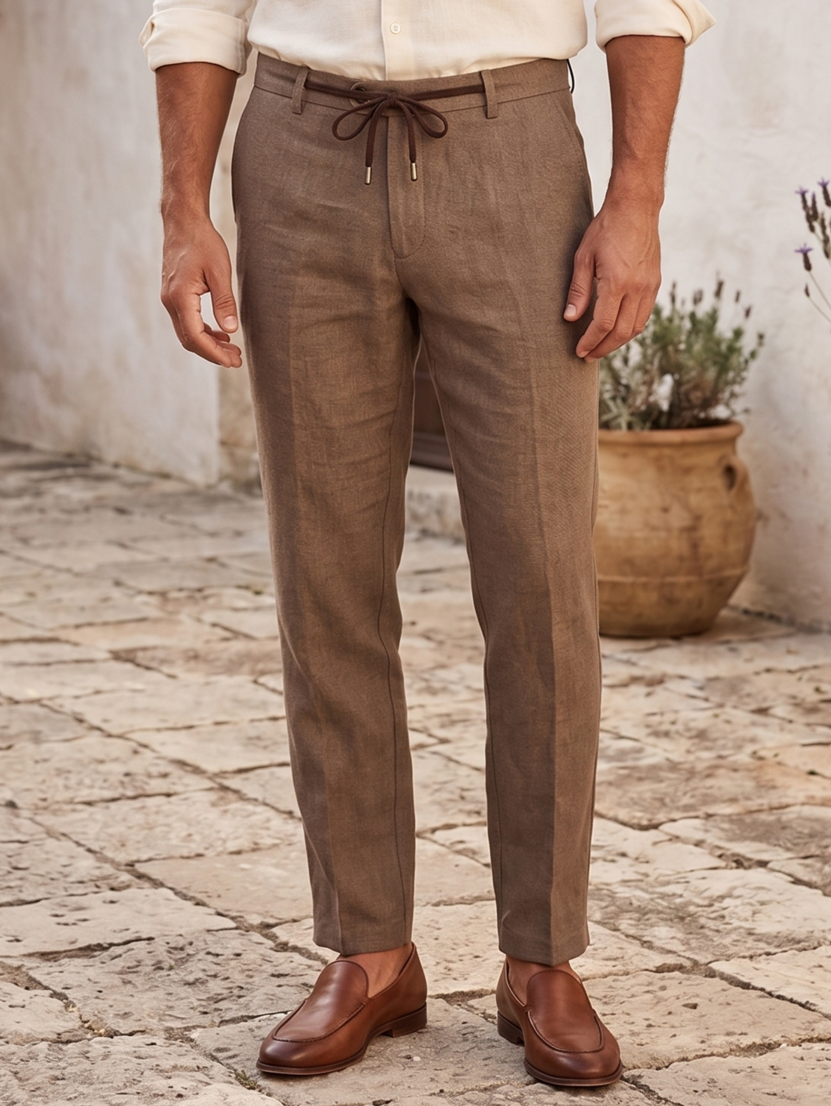 Brown Tailored Linen Drawstring Pants