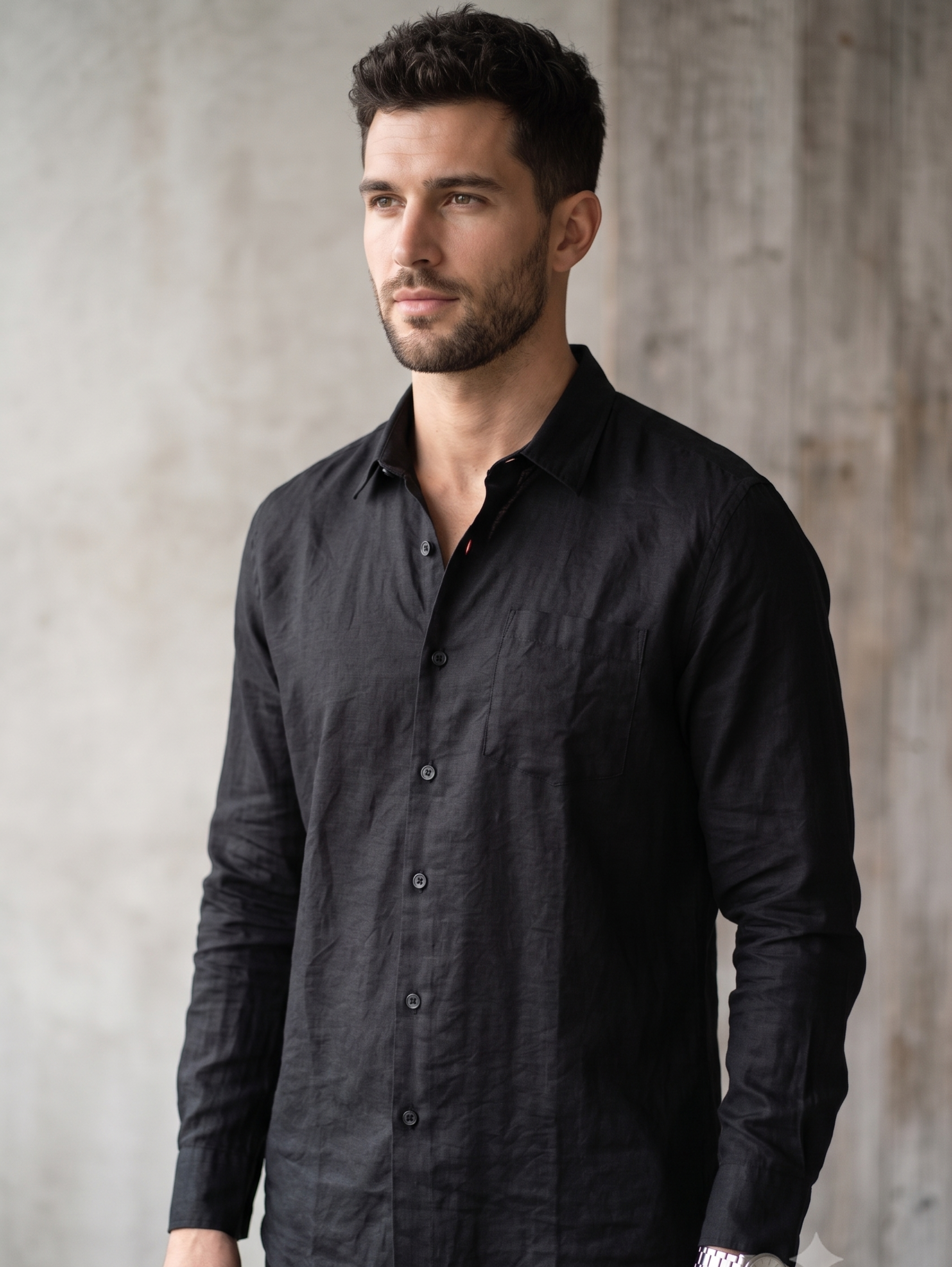 Black Long Sleeved Linen Shirt With Chest Pocket