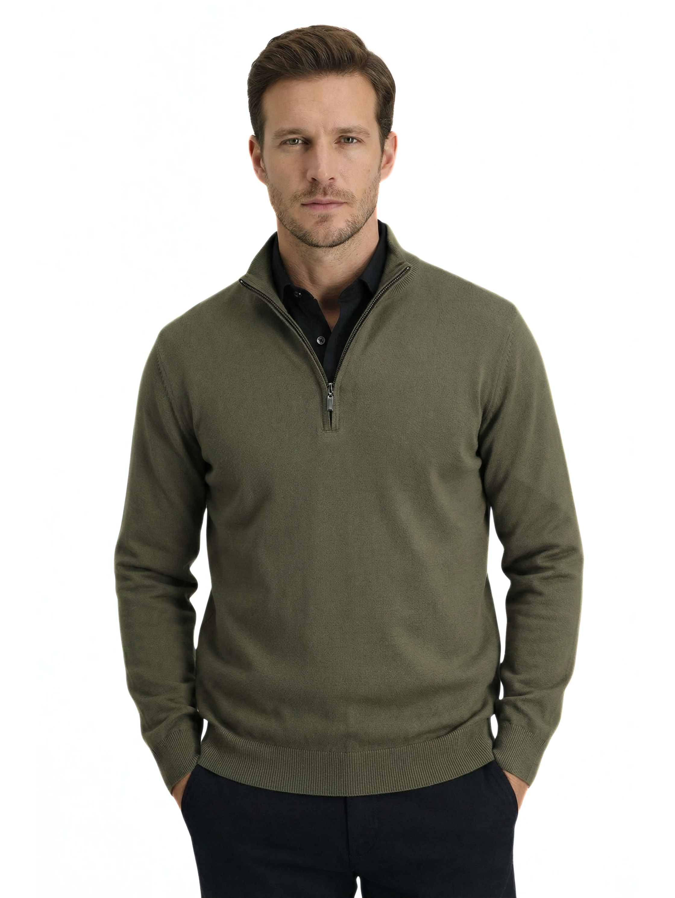 Stand Up Collar Olive Pullover With Half Zipper To Close