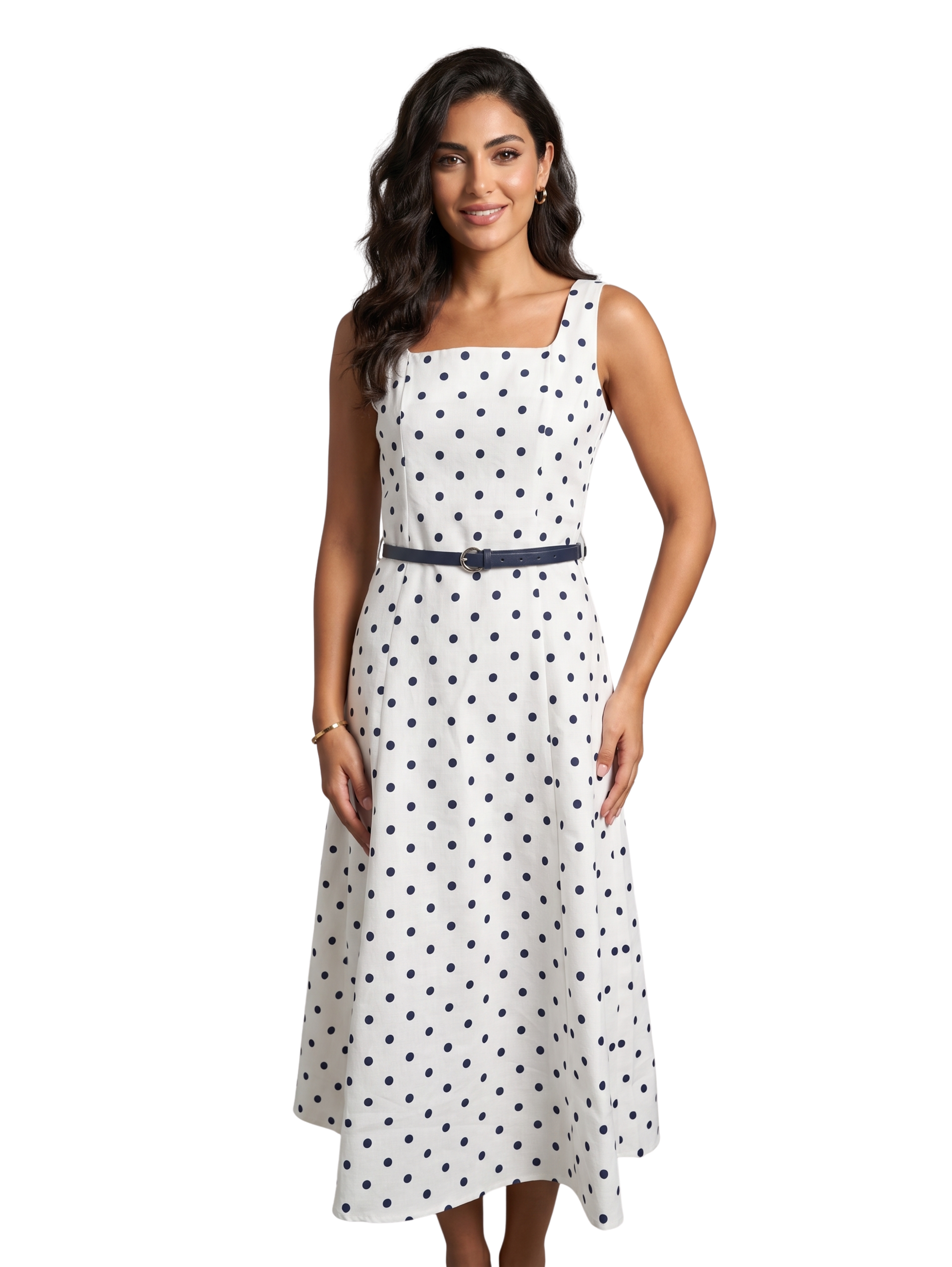 White Polka Dot Sleeveless Square Neckline Dress With Belt