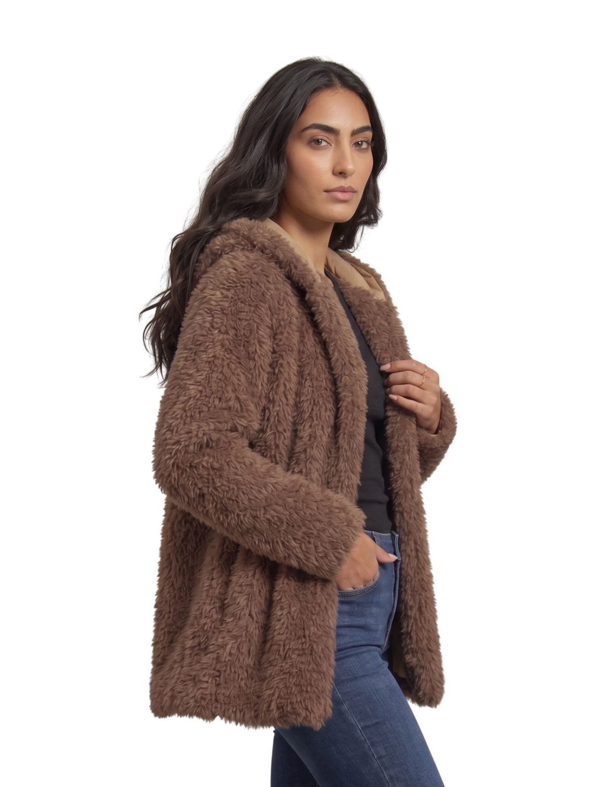 Brown Shaggy Fur Hooded Zip Up Jacket