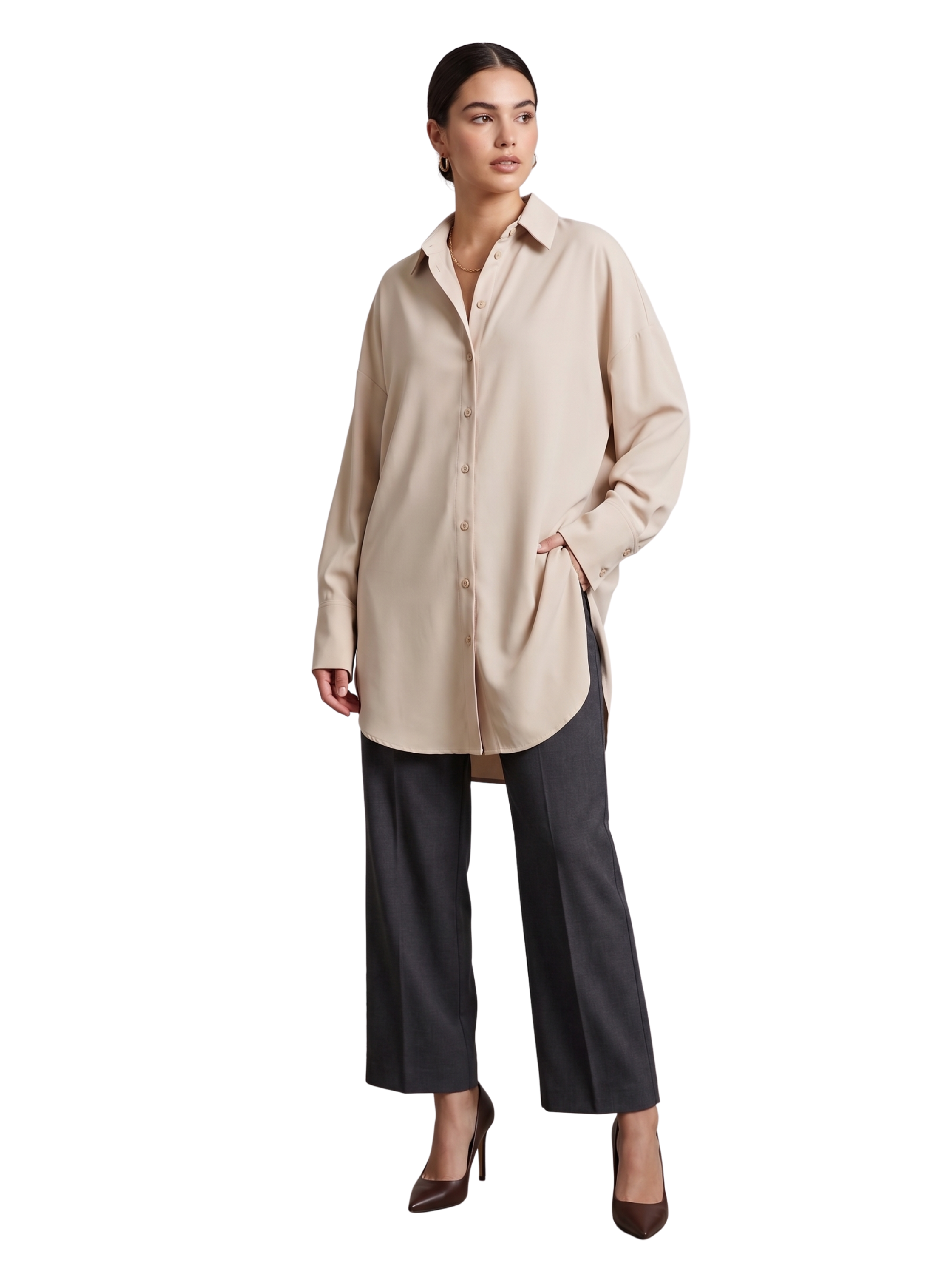 Beige Oversized Long Sleeved Button Down Shirt