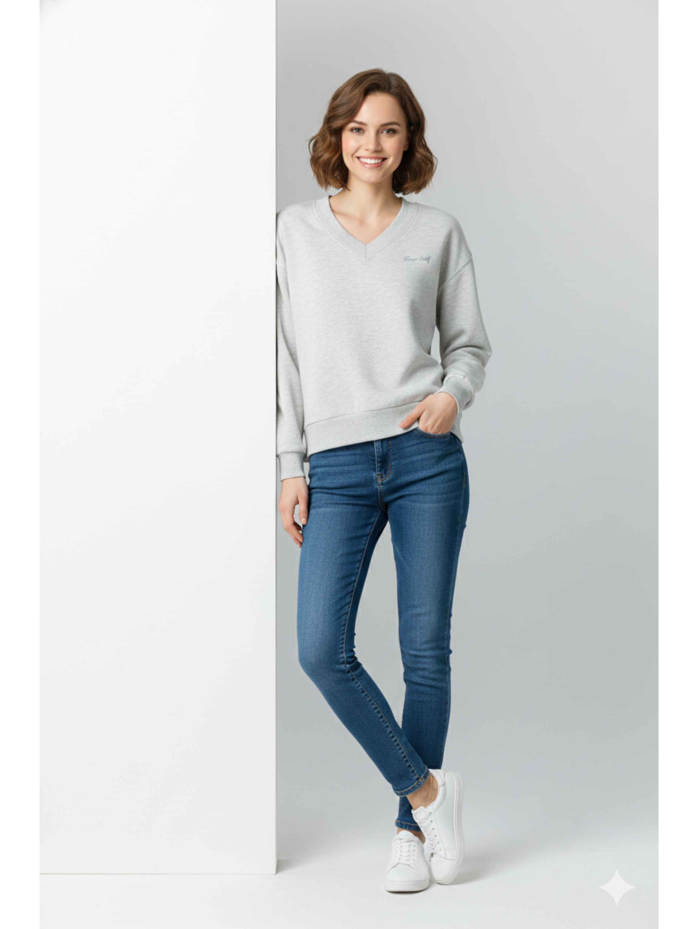 Long Sleeved Light Grey V-Neck Sweater