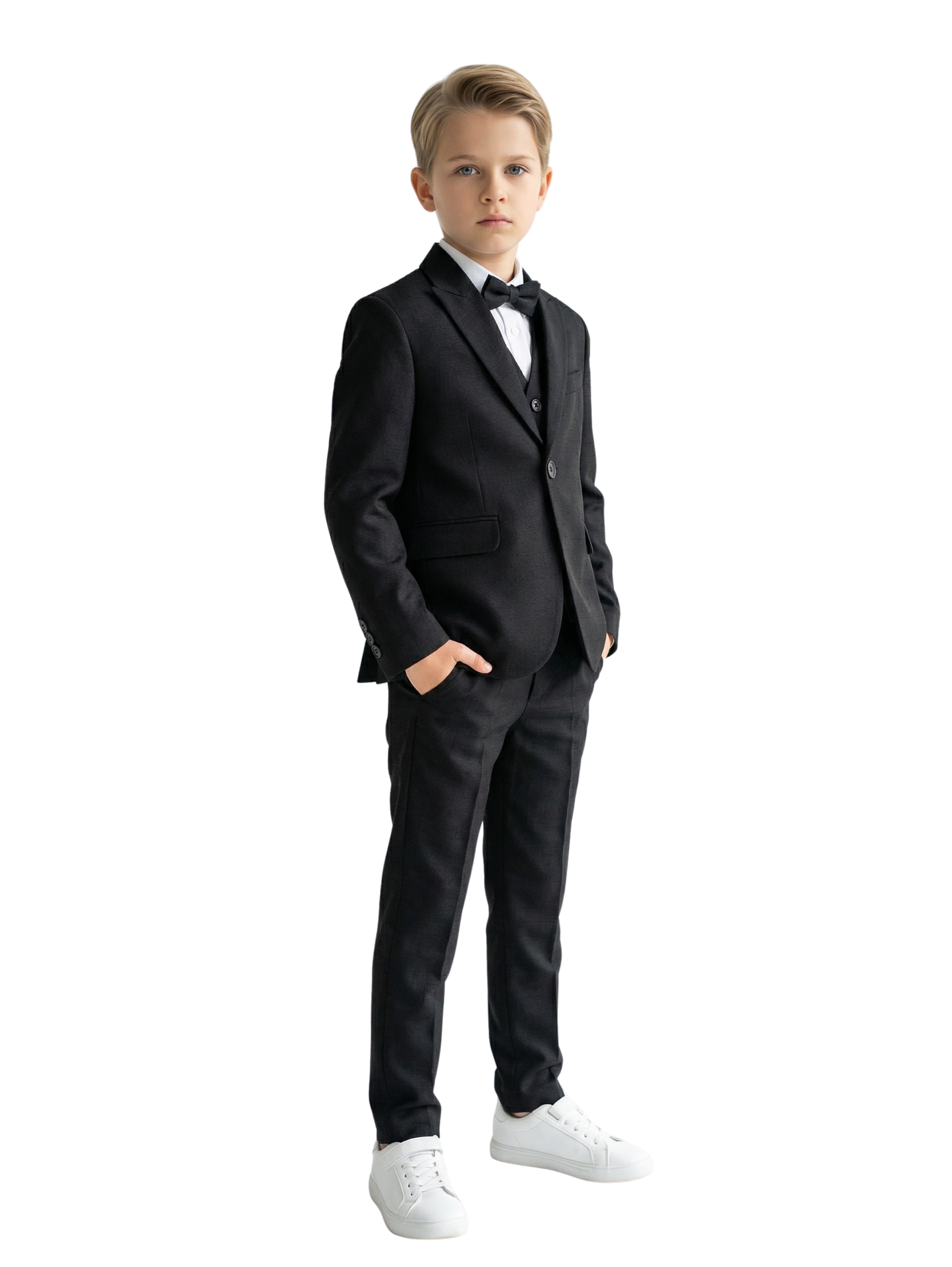 Kids Slim Fit Textured Black Suit With Matching Vest