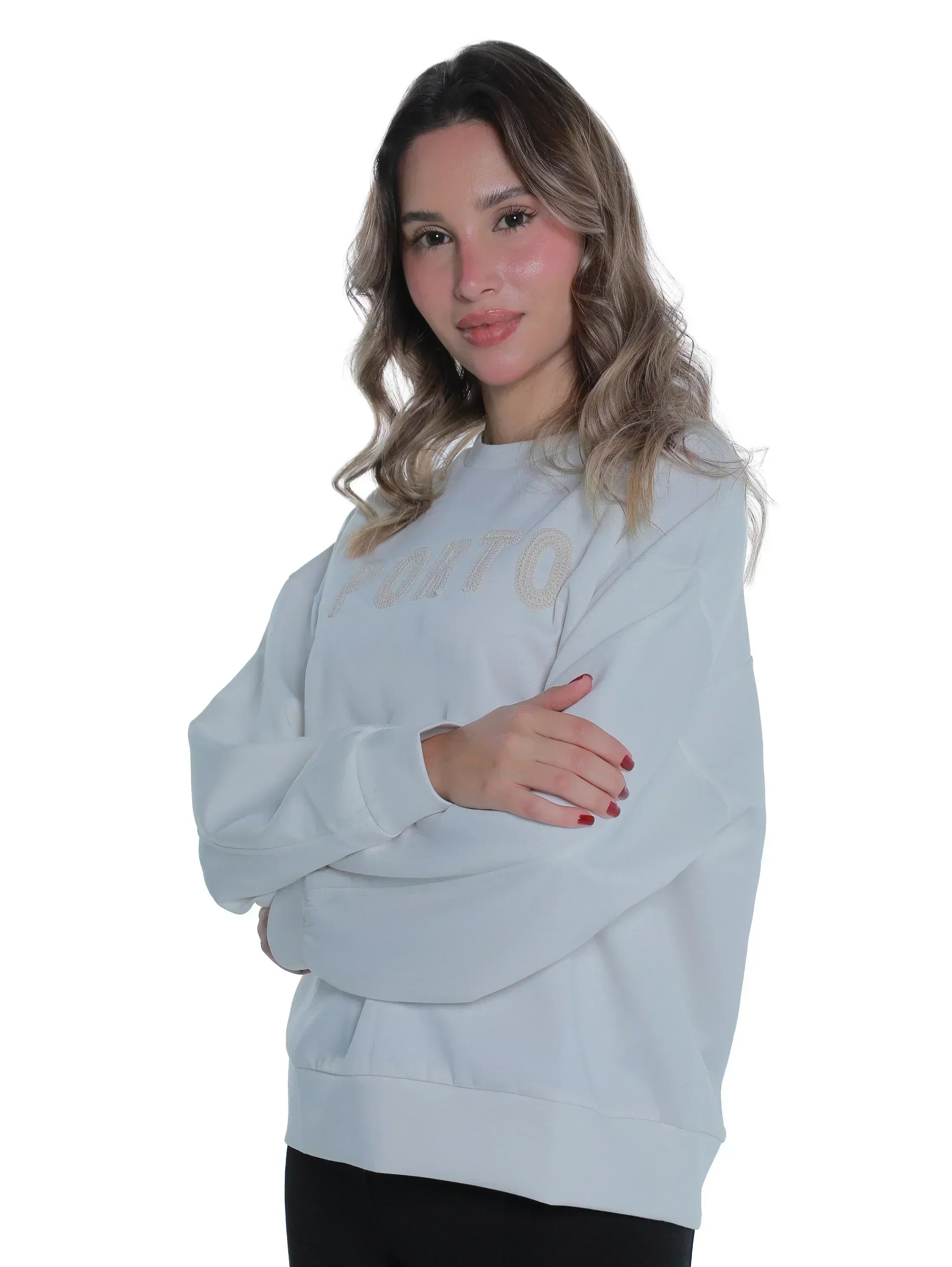 Round Neck White Sweater With "Porto" Front Design